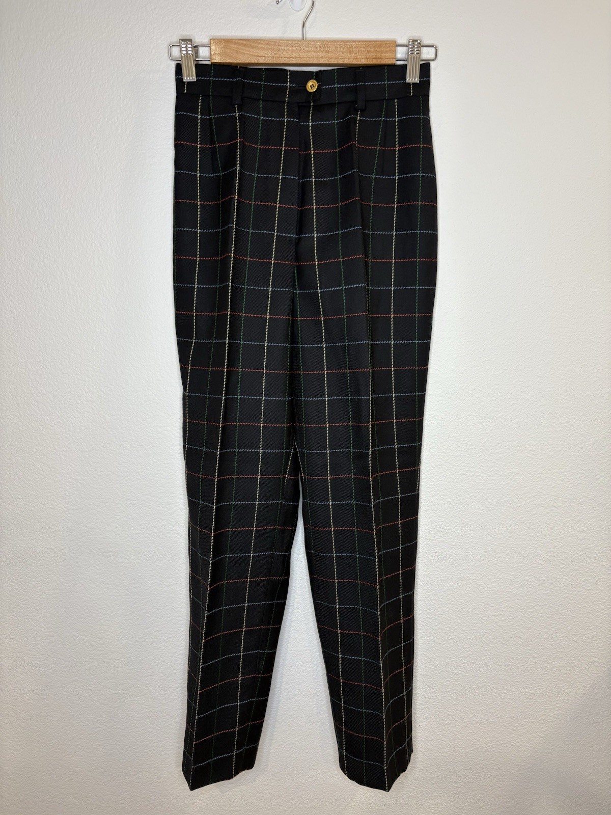 Vtg Mondi Black Plaid Wool Pants 25 Waist Gold Button Made in Germany 80s 90s