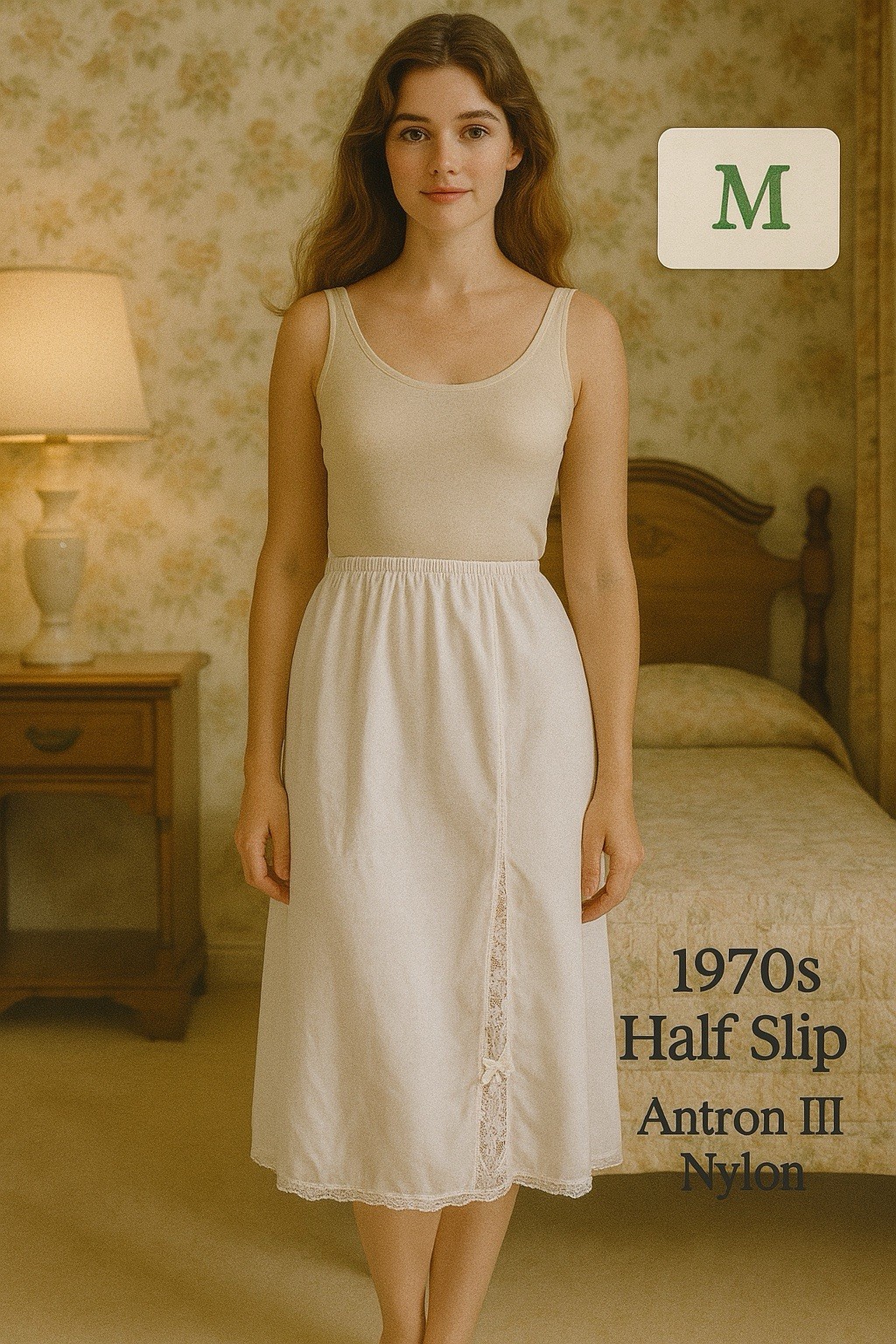 Vintage 70s Melody White Nylon Half Slip Medium Lace Side Panel Bow USA RN 61677