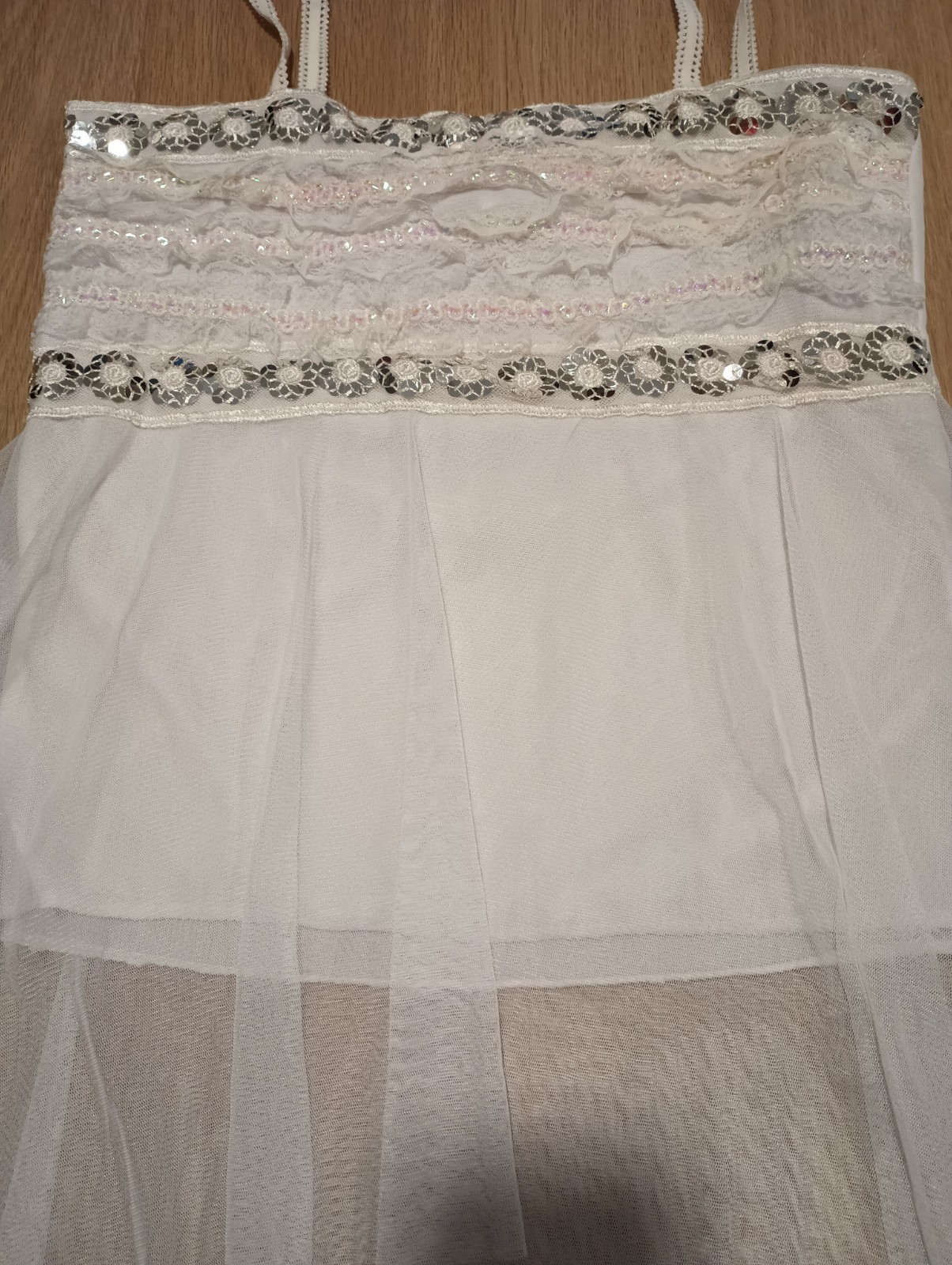 Vtg 90s Stretchy FAIRY motif Fishnet Gauze Overlay Sequin Lace Hippie Tube Top S