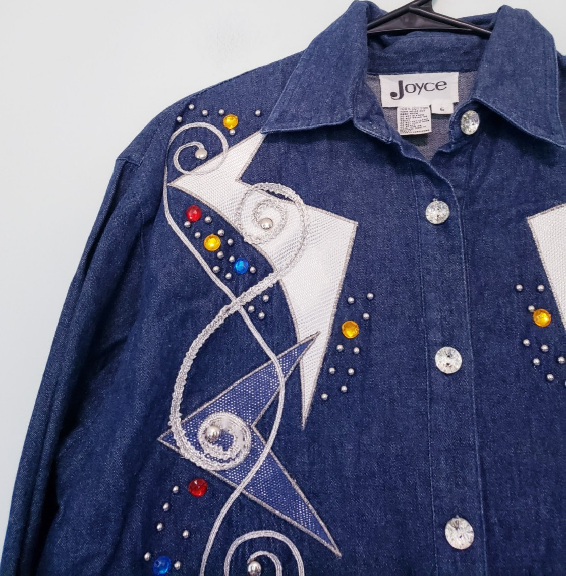 Joyce Womens 6 Shirt Button Up Denim Studded Embroidered Gems Art To Wear Artsy