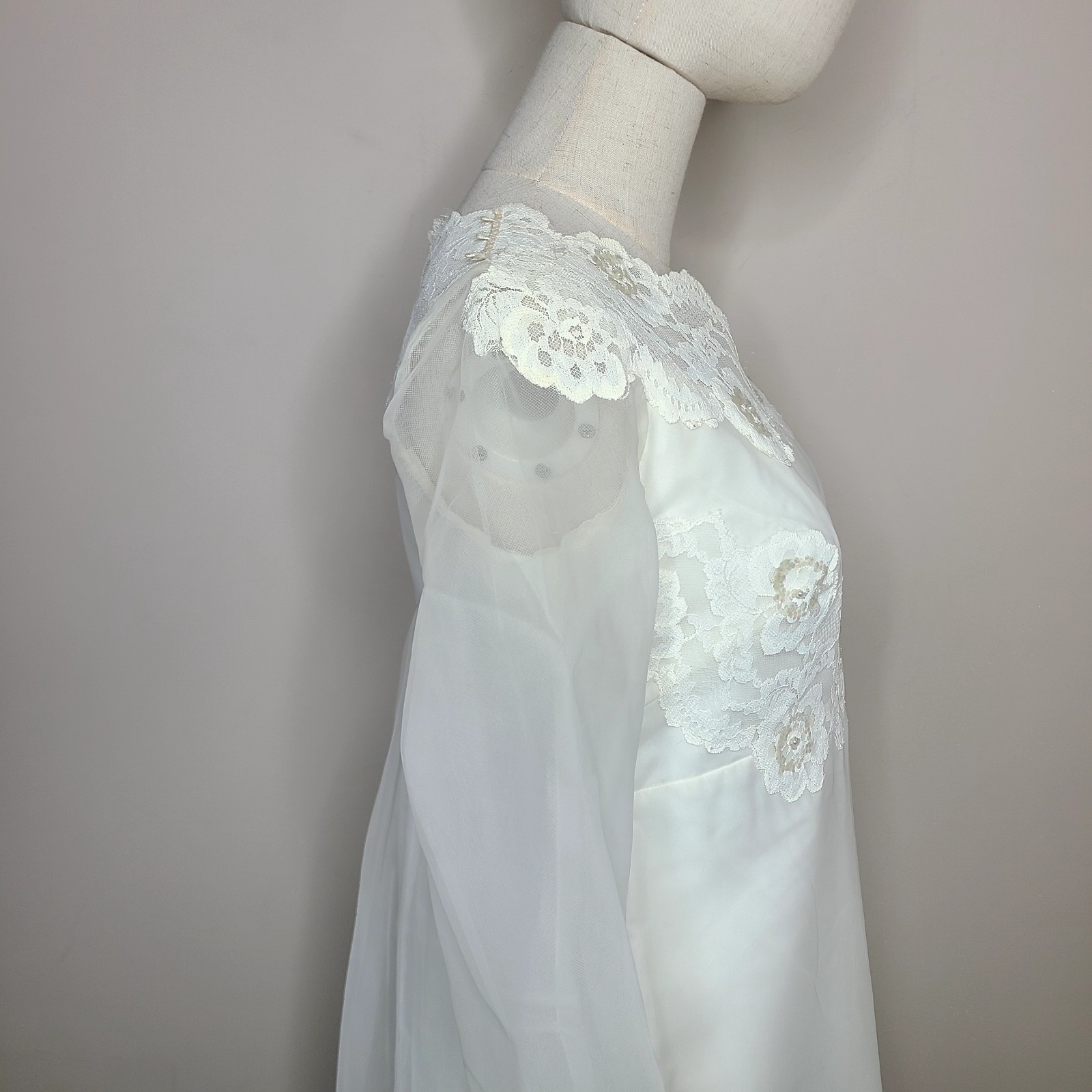 Vintage Union Made 60s Prairie Lace Sequin Empire Waist Wedding Dress Ivory