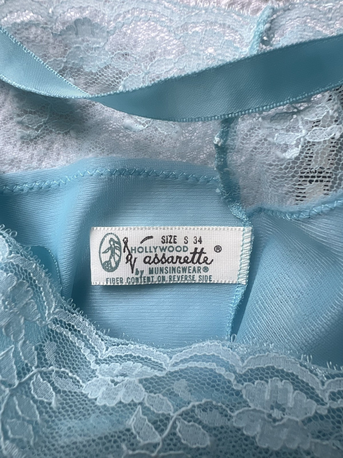 Vintage 1950s Vassarette Blue Nylon Tricot Crepelon Lace Slip Dress Size 34 S