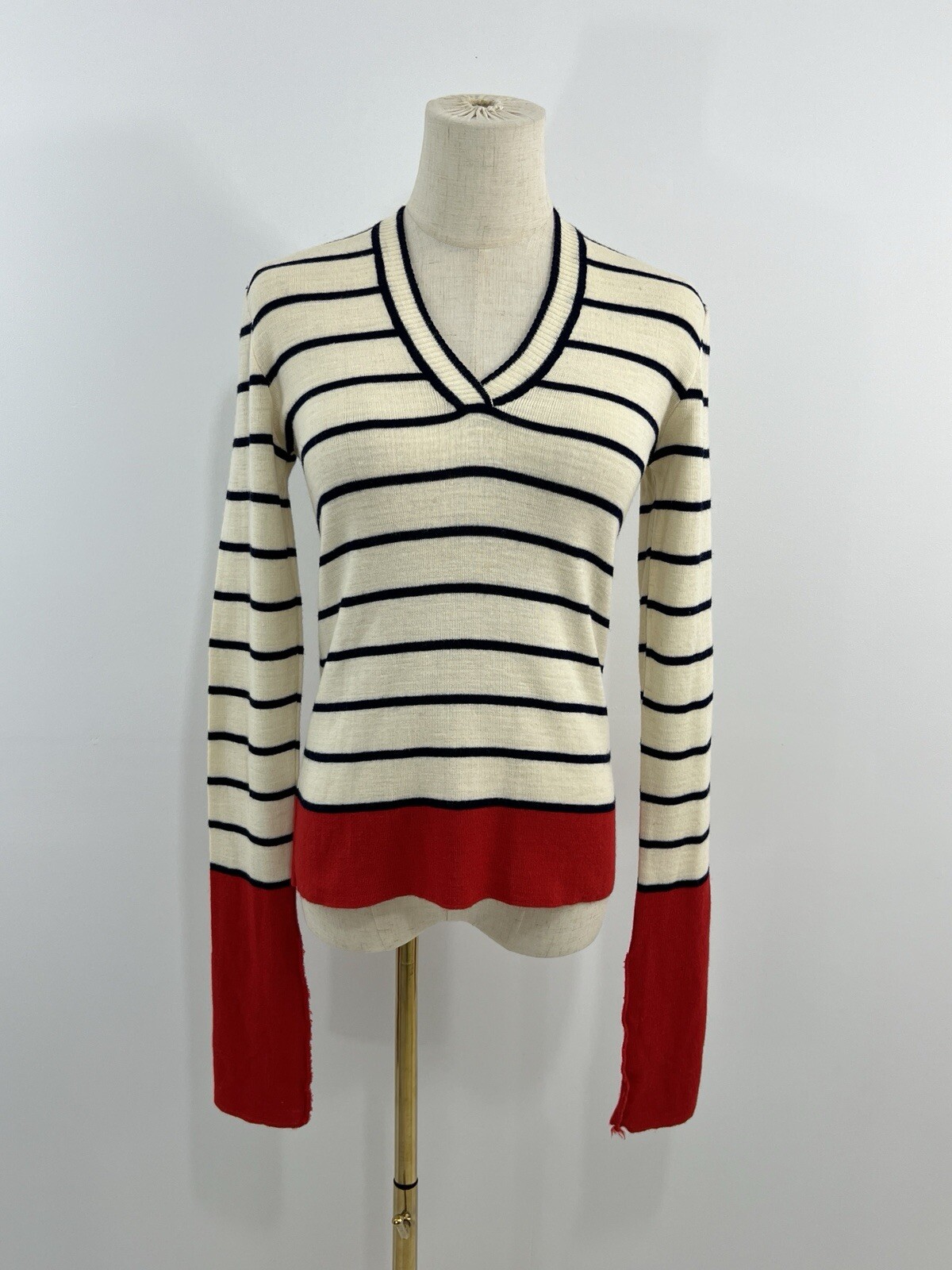 VTG 70s Carson Pirie Scott Womens MOD Vneck Wool Sweater Stripe Italy Blue Cream