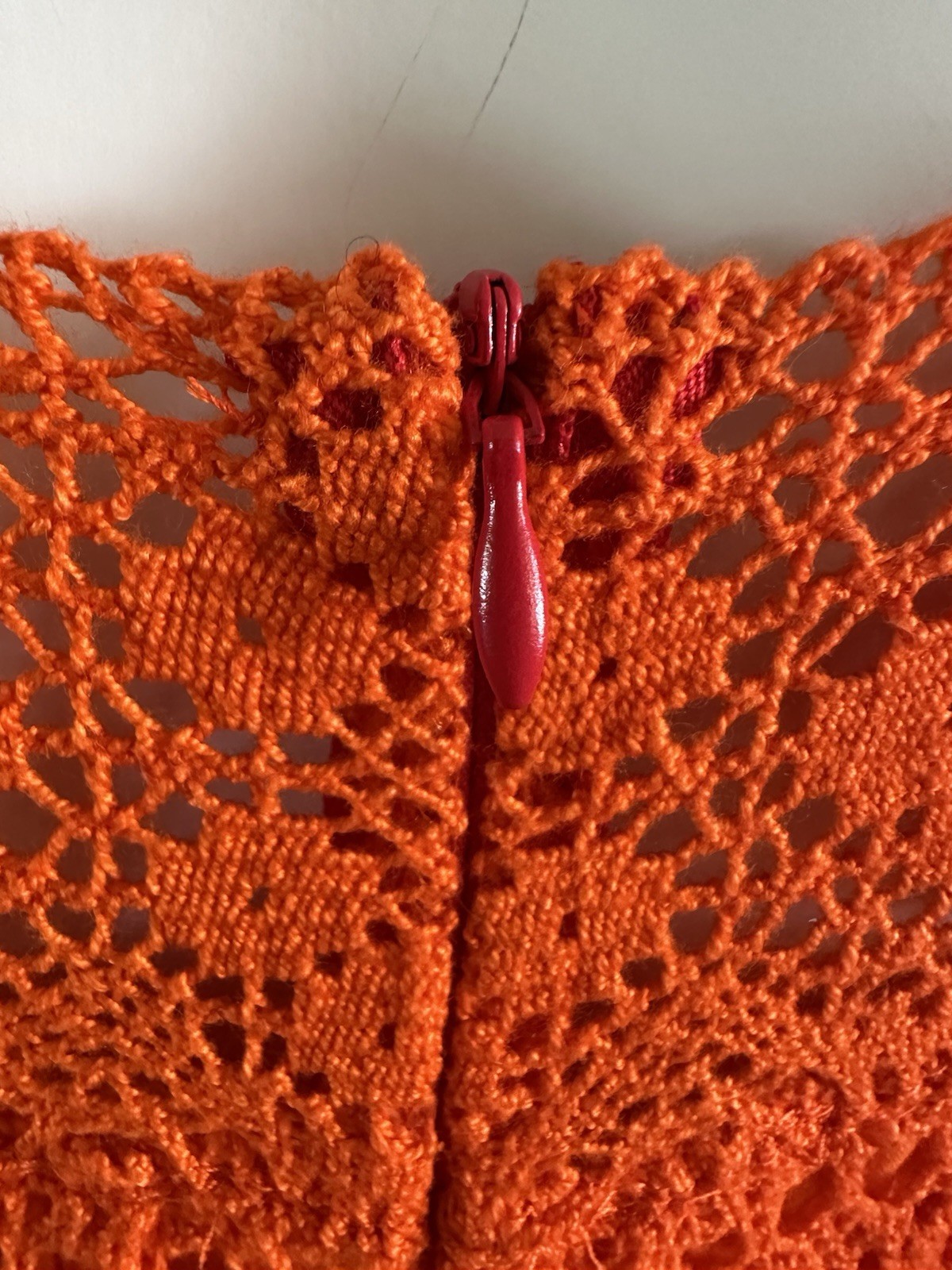 1970s Mexican Crochet Lace Maxi Dress Orange Cotton Boho Huipil XS S Vintage