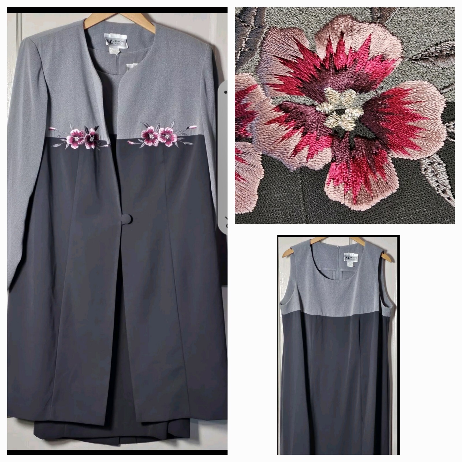 VTG S.L Fashions 2-pc Dress Suit Coat Women&rsquo;s 14W Gray Floral Embroidered Career