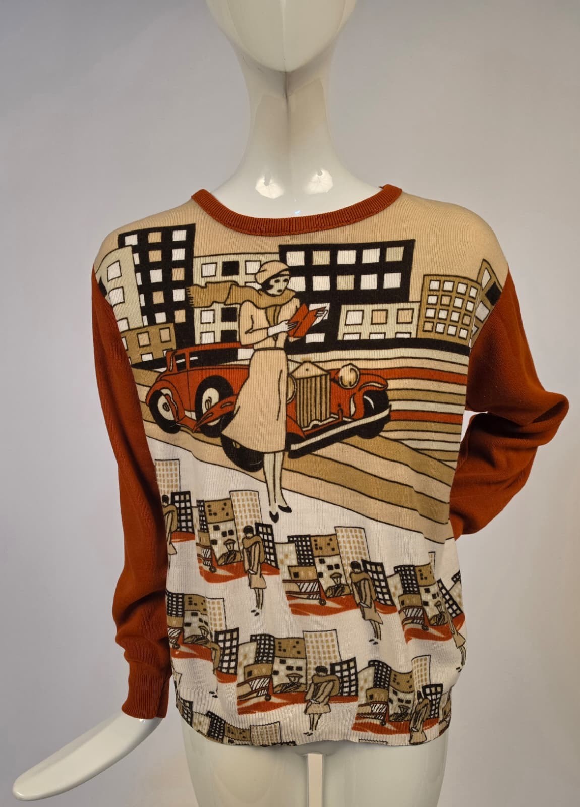ART DECO 1970’S GRAPHIC SWEATER W FLAPPER WOMAN + CAR
