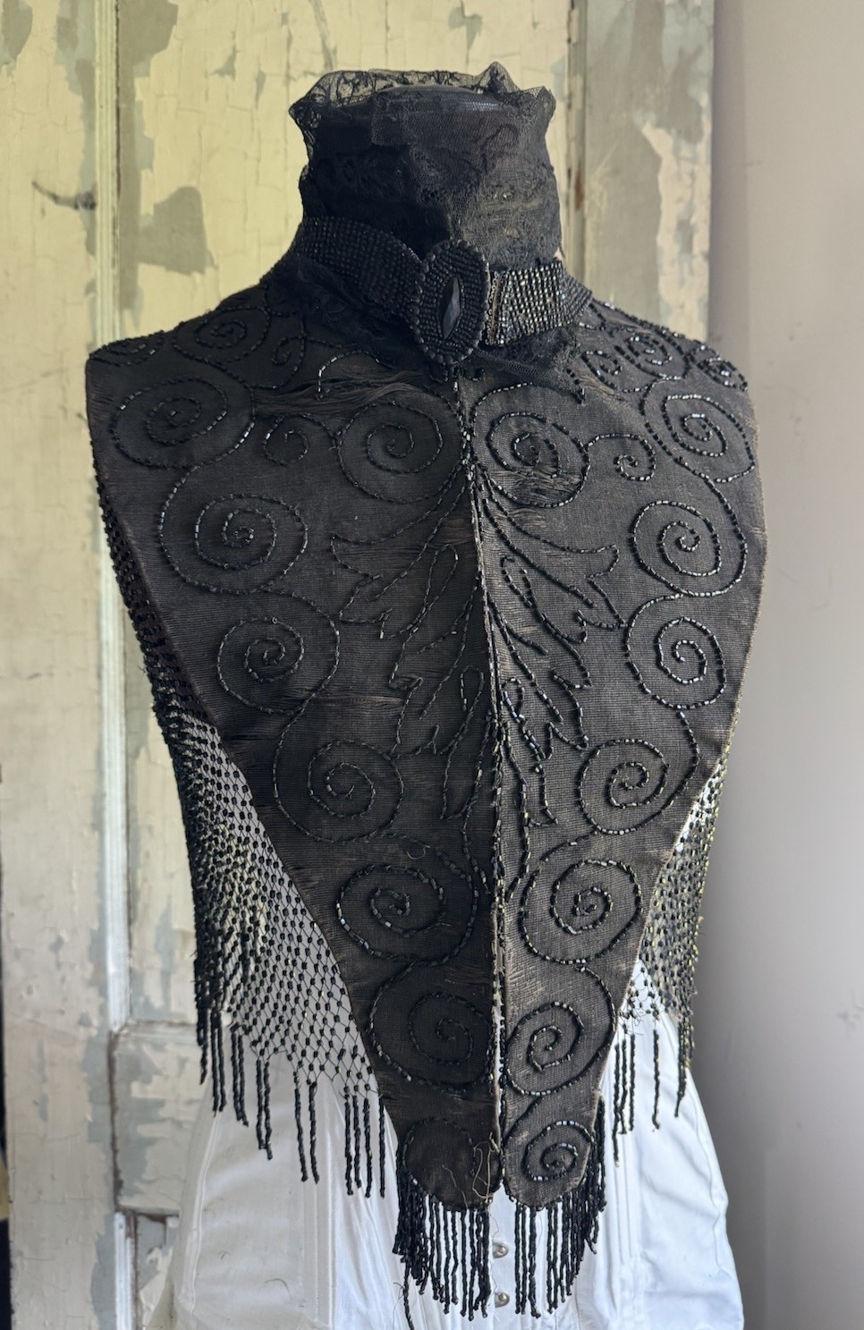 Black Beaded Victorian Capelet 21” Authentic Antique 1800s Great Display Gothic