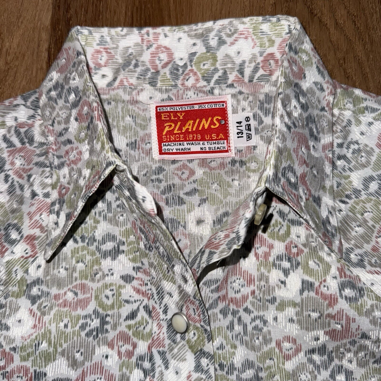 Vtg Pearl Snap Shirt Ely Plains Western Rockabilly AOP Floral 70s Size 13 14