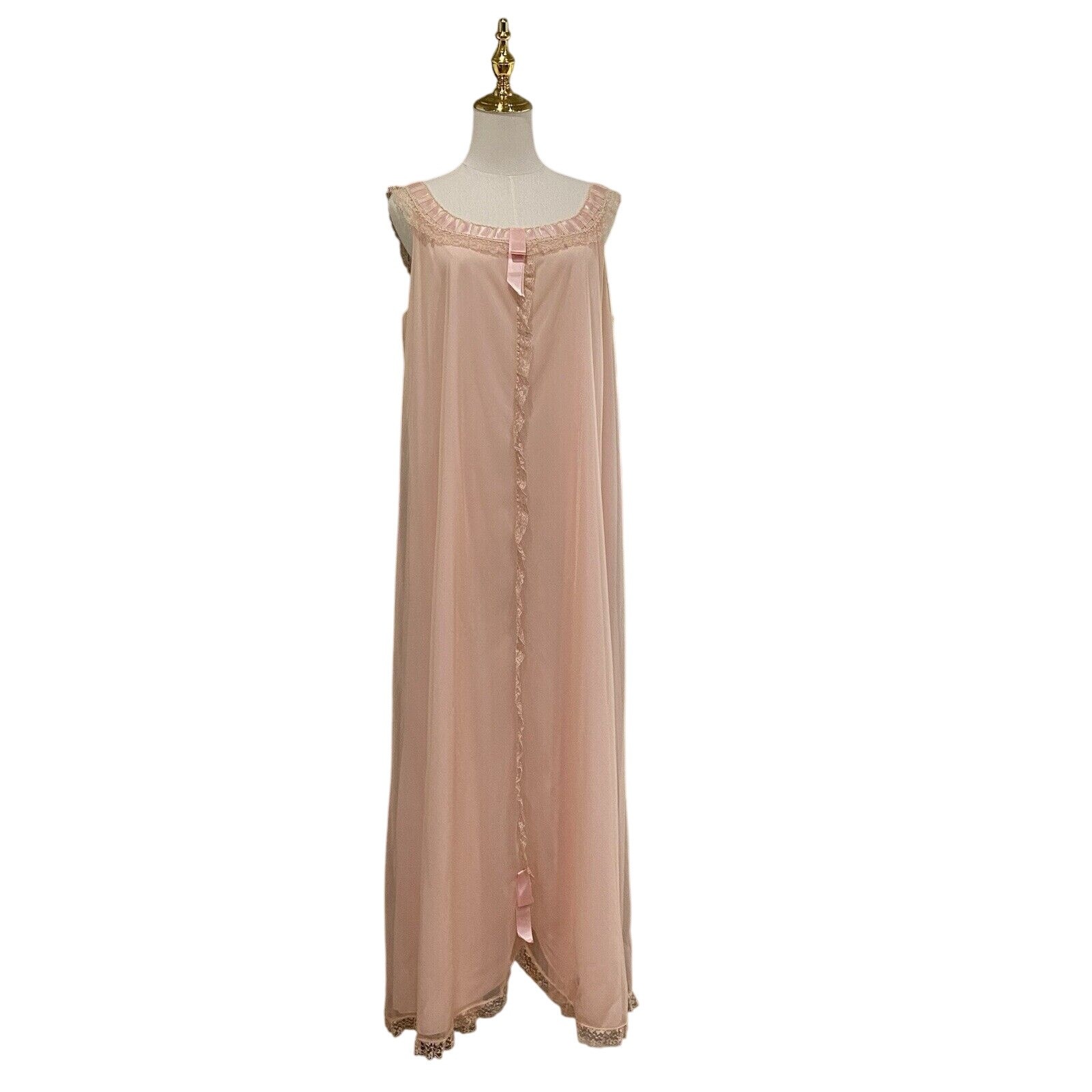 Vintage 60s Odette Barsa Pink Nylon Chiffon Ribbon Lace Maxi Nightgown Size M