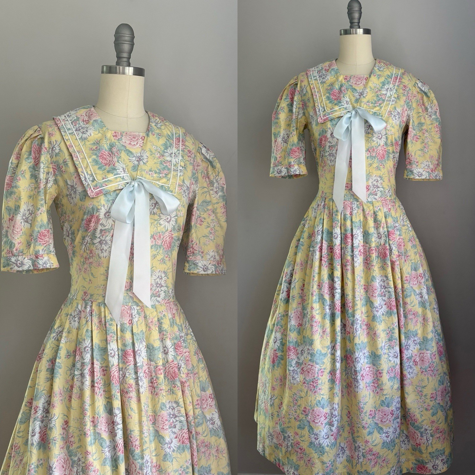 Vintage 80’s Laura Ashley Roses & Daisies Yellow Sailor Dress S/M Cottagecore