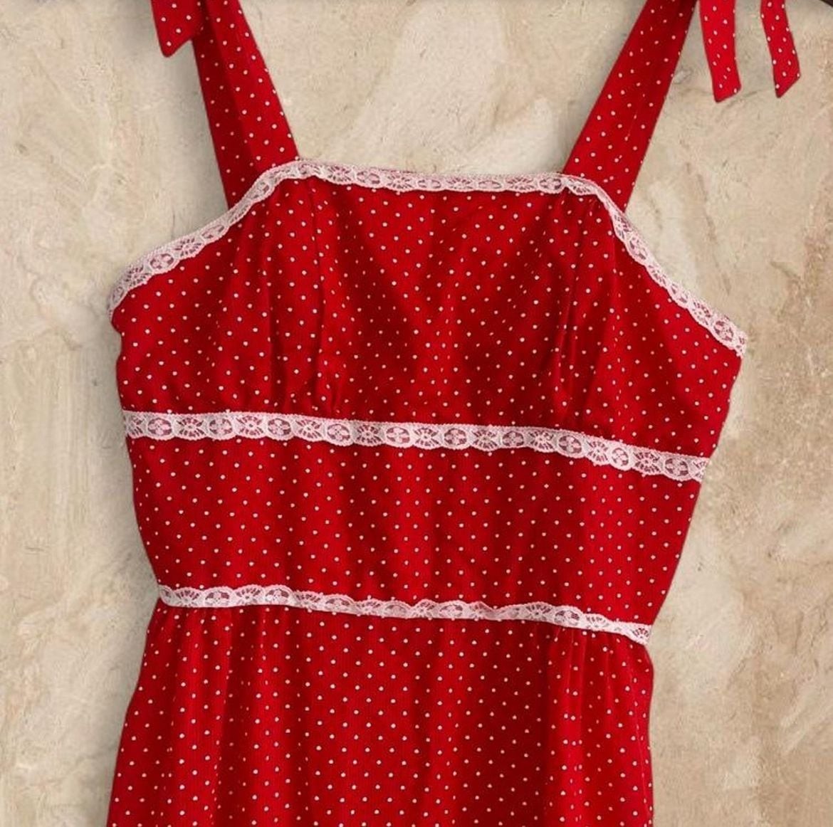 Vintage 1970s Red Polka Dot Maxi Prairie Dress with Lace Trim