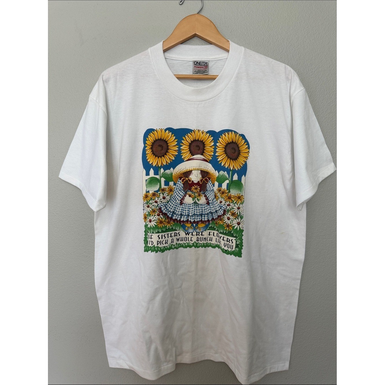 VTG Oneita Single Stitch White Sunflower Graphic T‑Shirt Granny Core XL