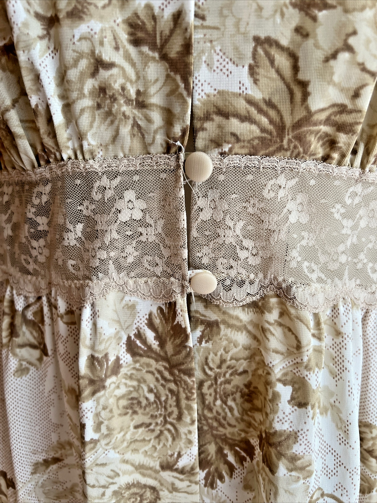 Sears Robe LARGE 38/40 Brown Lace Long Sleeve Buttons MAXI Buttons Nylon USA VTG