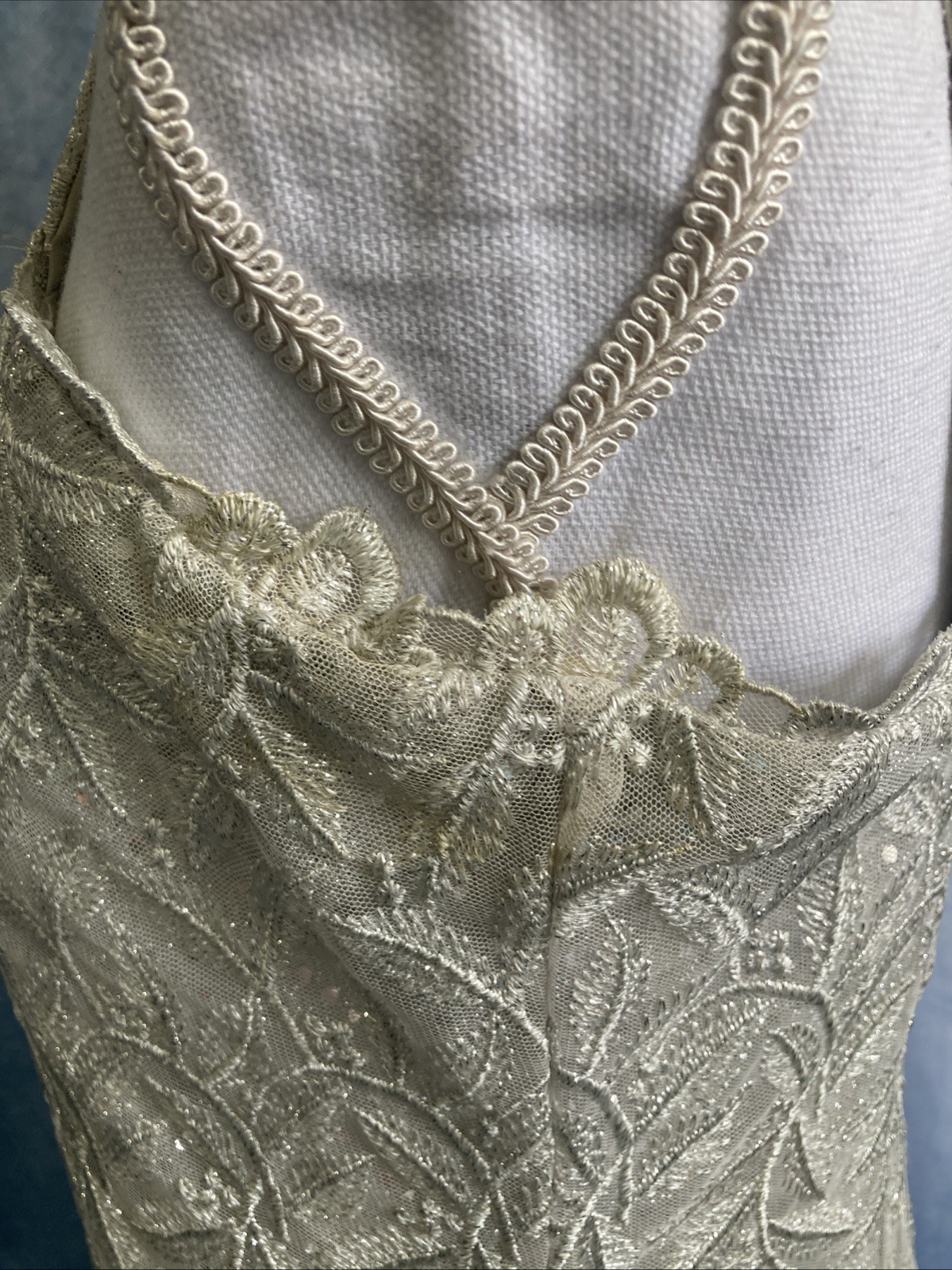 VTG 80s ASPEED USA Silver Lace Dress Jacket Set 2pc Formal Gown Prom Wedding Med