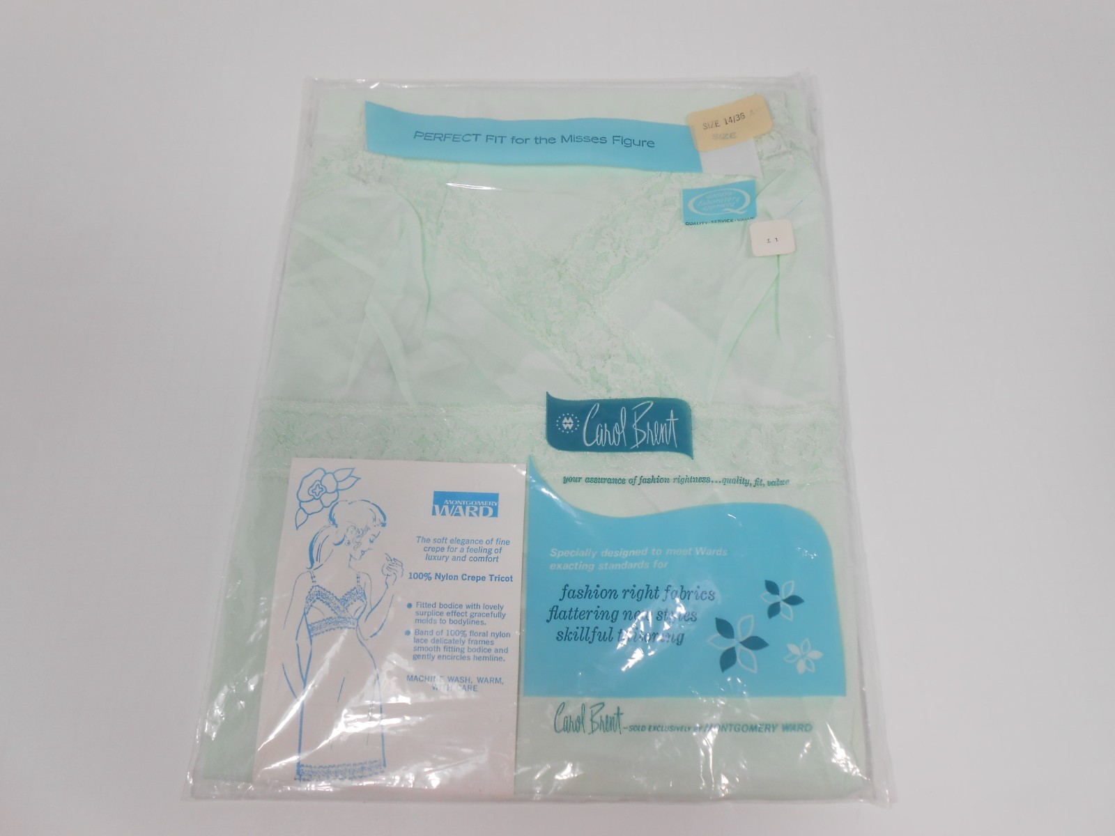 Vtg 60s NEW Carol Brent Full Slip Montgomery Ward 100% Nylon, Lace Sz: 14/36