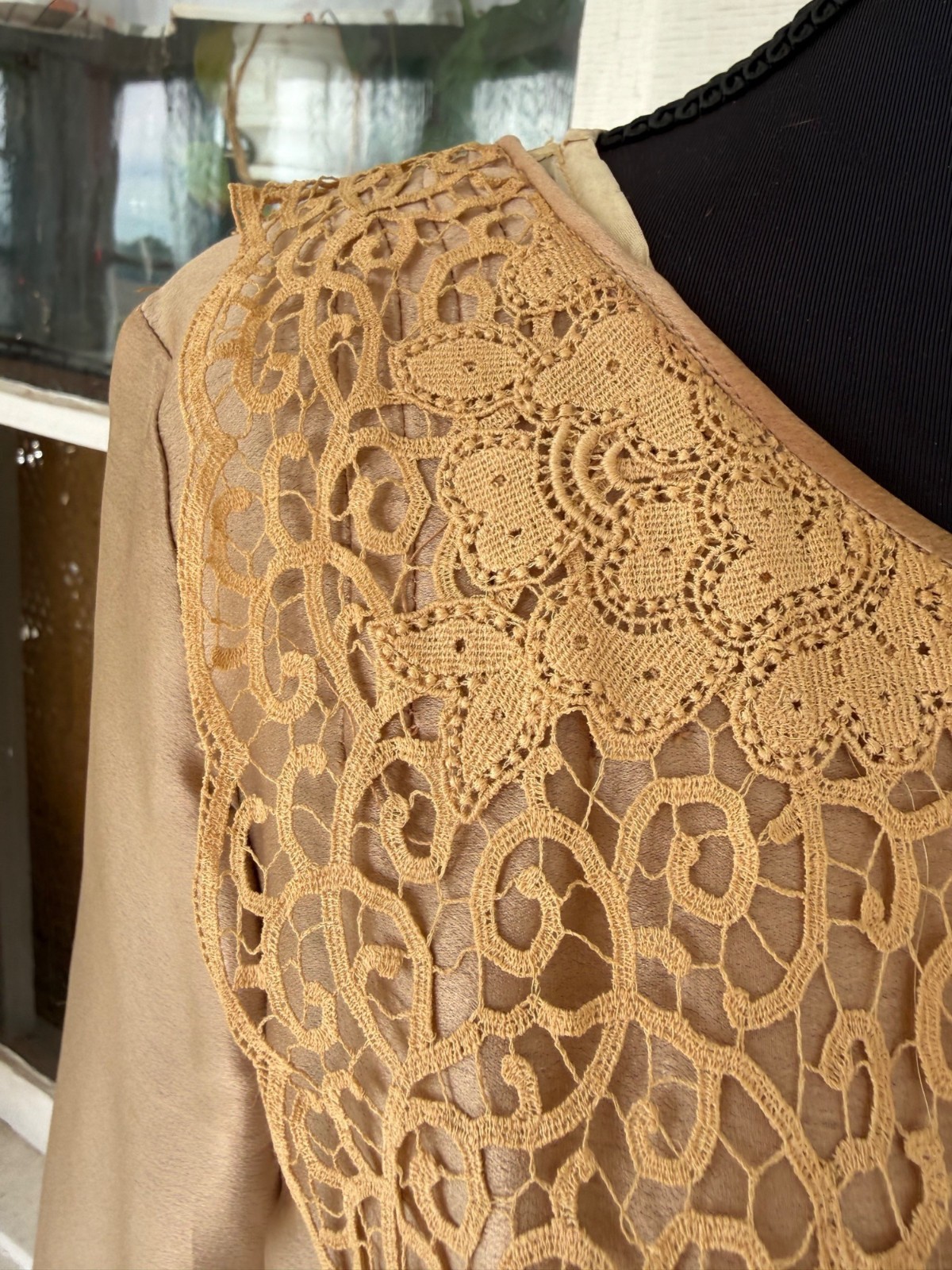 Antique 1920s Tan Silk Flapper Dress With Lace Yoke AS IS TLC Size M