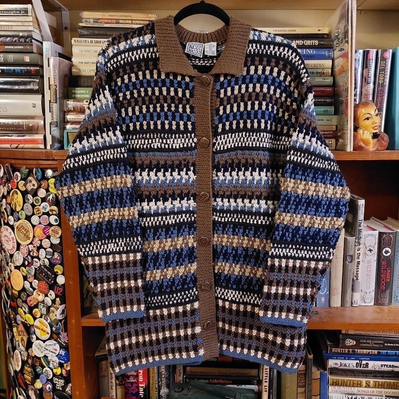 Vintage blue, brown, white, and tan chunky cardigan button up.