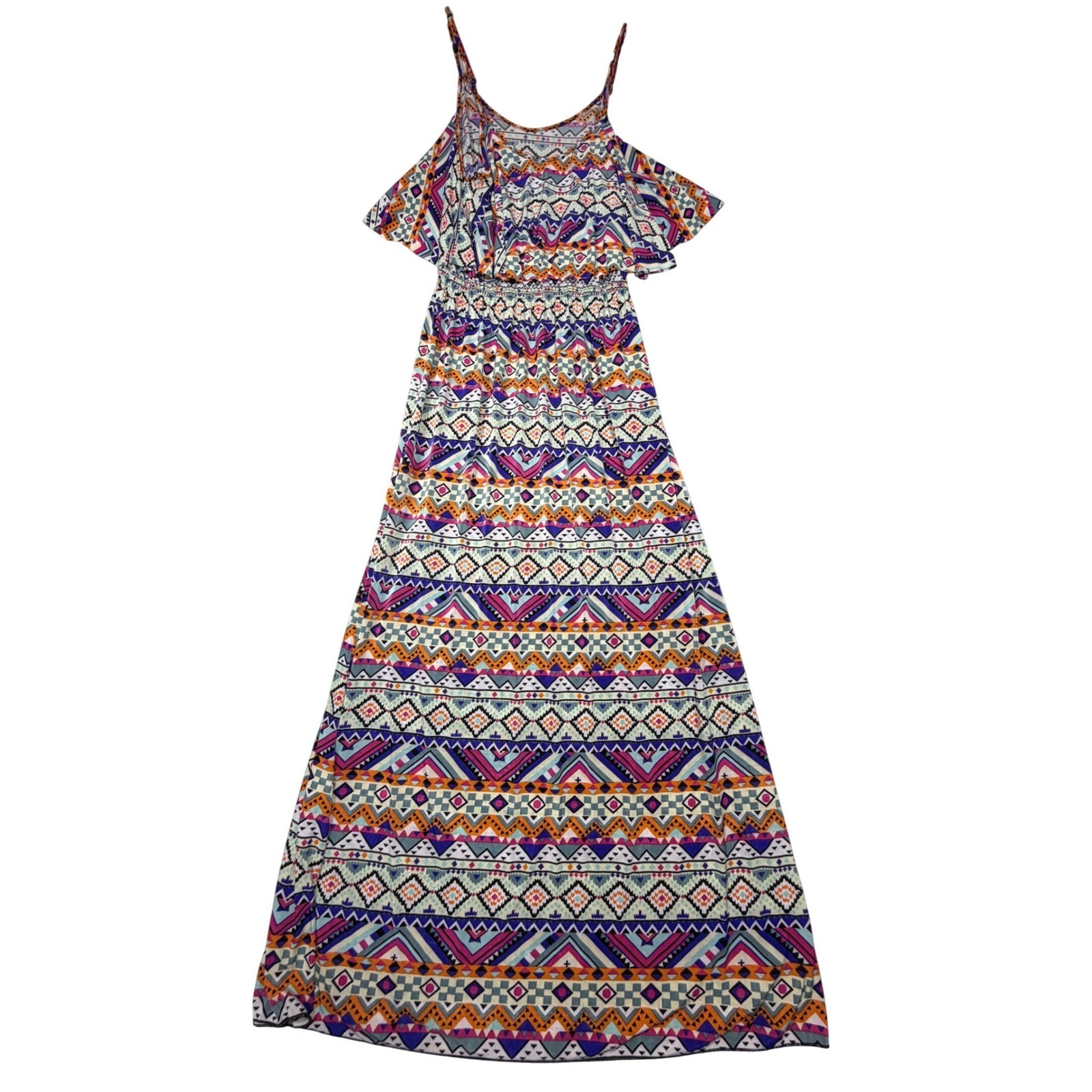 2010s Multicolor Polyester Geometric Tribal Boho Cold Shoulder Maxi Dress Size M