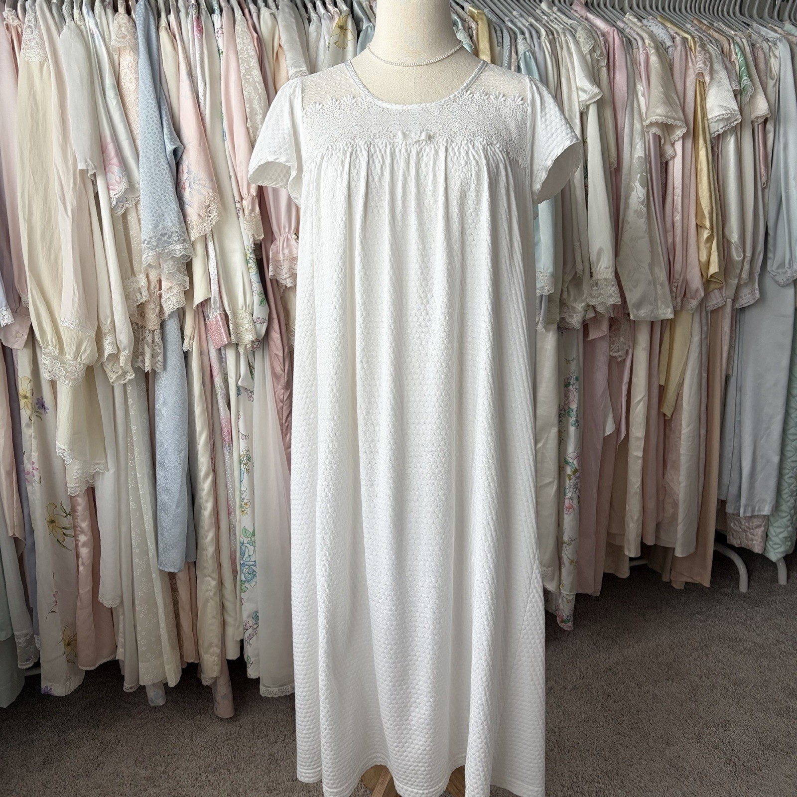 vintage christian dior white cotton nightgown lace short sleeve midi babydoll