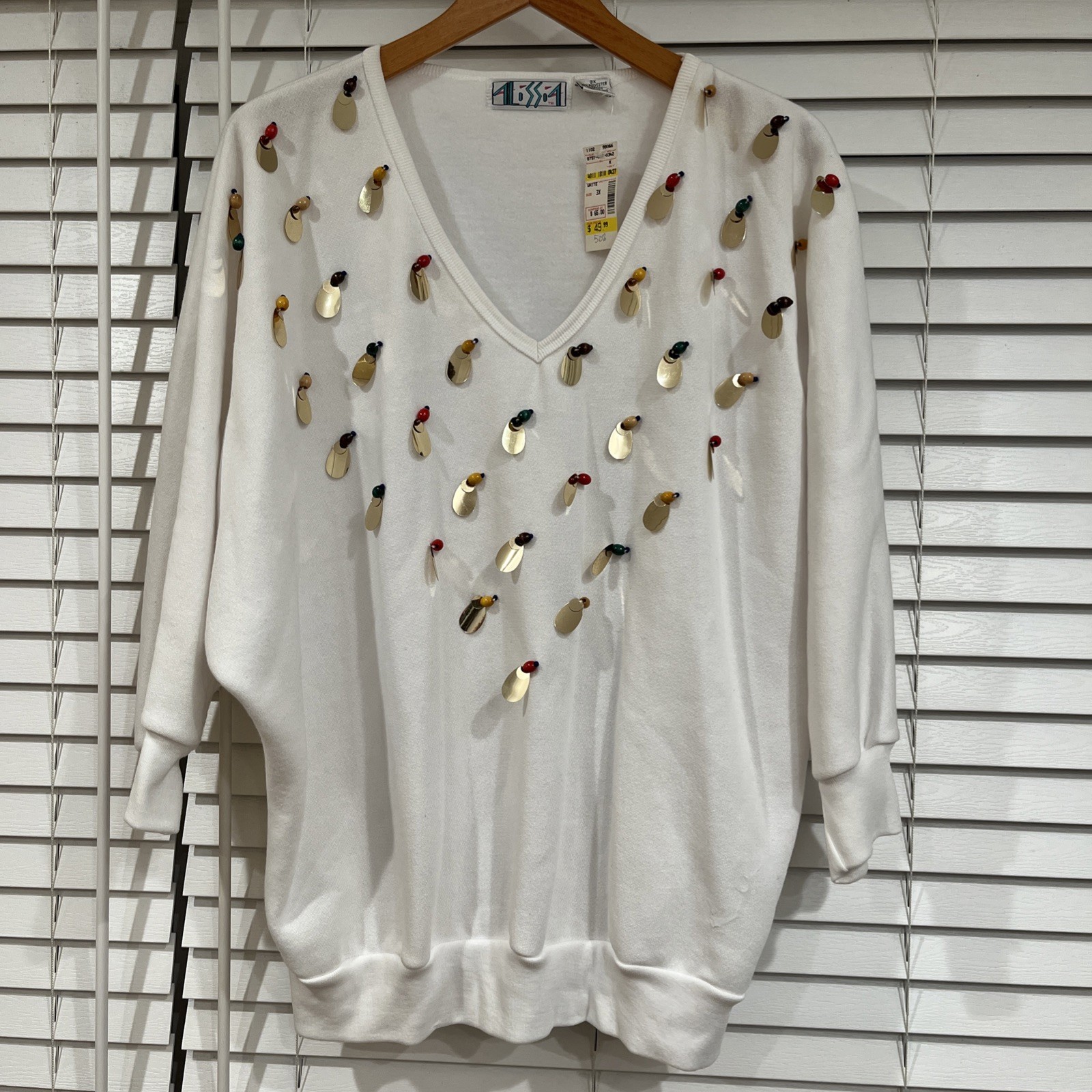 Vtg 80s Sweatshirt Glam Wood Beads, Large Sequin Embellishments, 3XL V-Neck