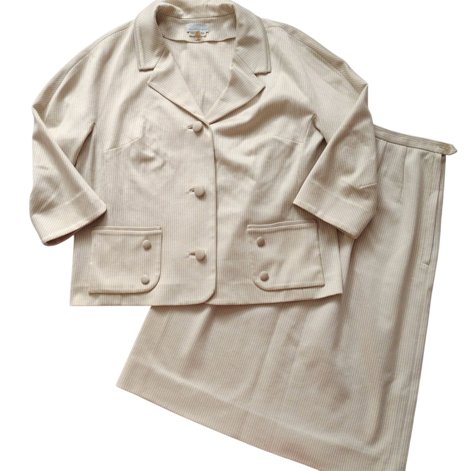 Vintage Mid Century Womens Skirt Suit M L Beige Tonal Stripe 1960s Jackie O