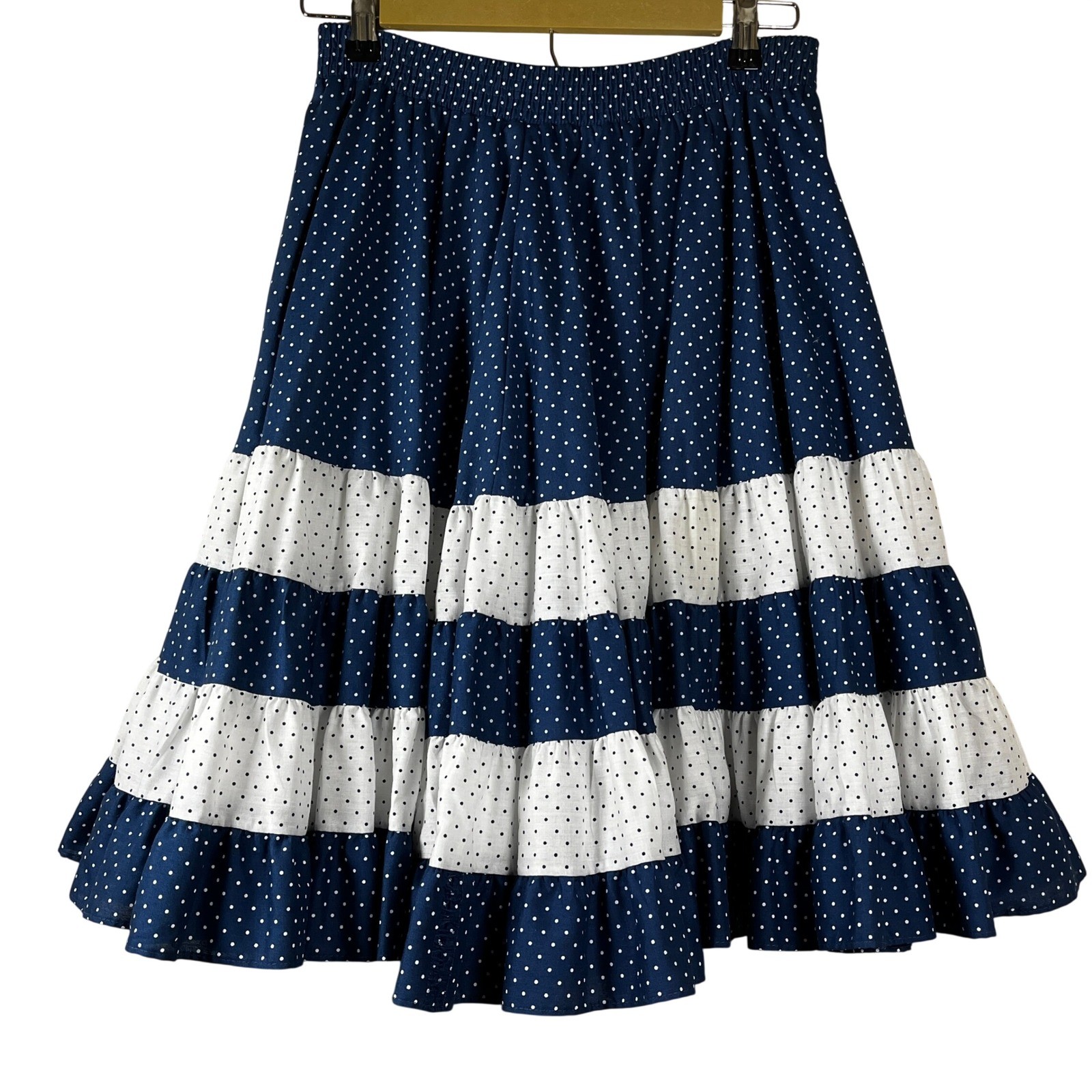 Vintage 80s Malco Modes Partners Please Navy Polka Dot Tiered Skirt M Rockabilly