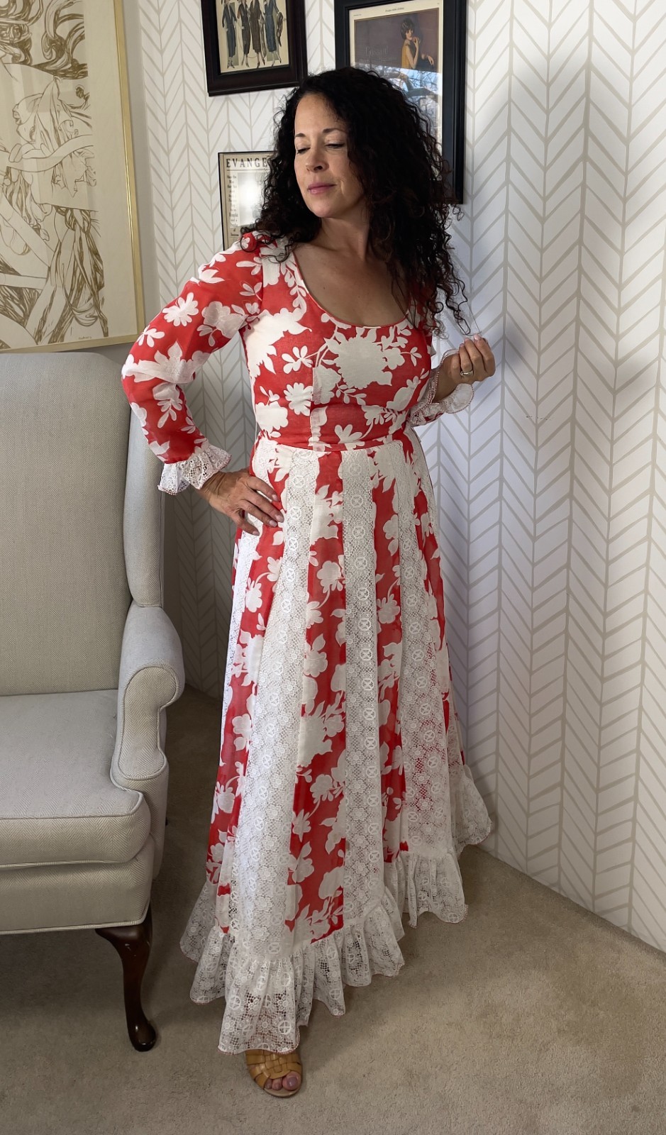 Vintage 70s Unique Full Length Red White Cotton Polyester Lace Dress