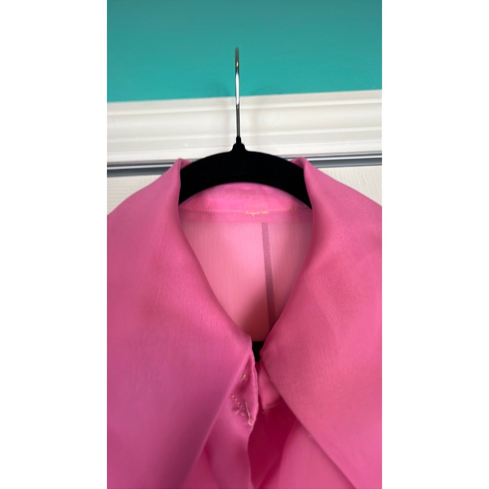 Vintage Dagger Collar Balloon Sleeve Blouse Retro Barbiecore Pink Chiffon S/M