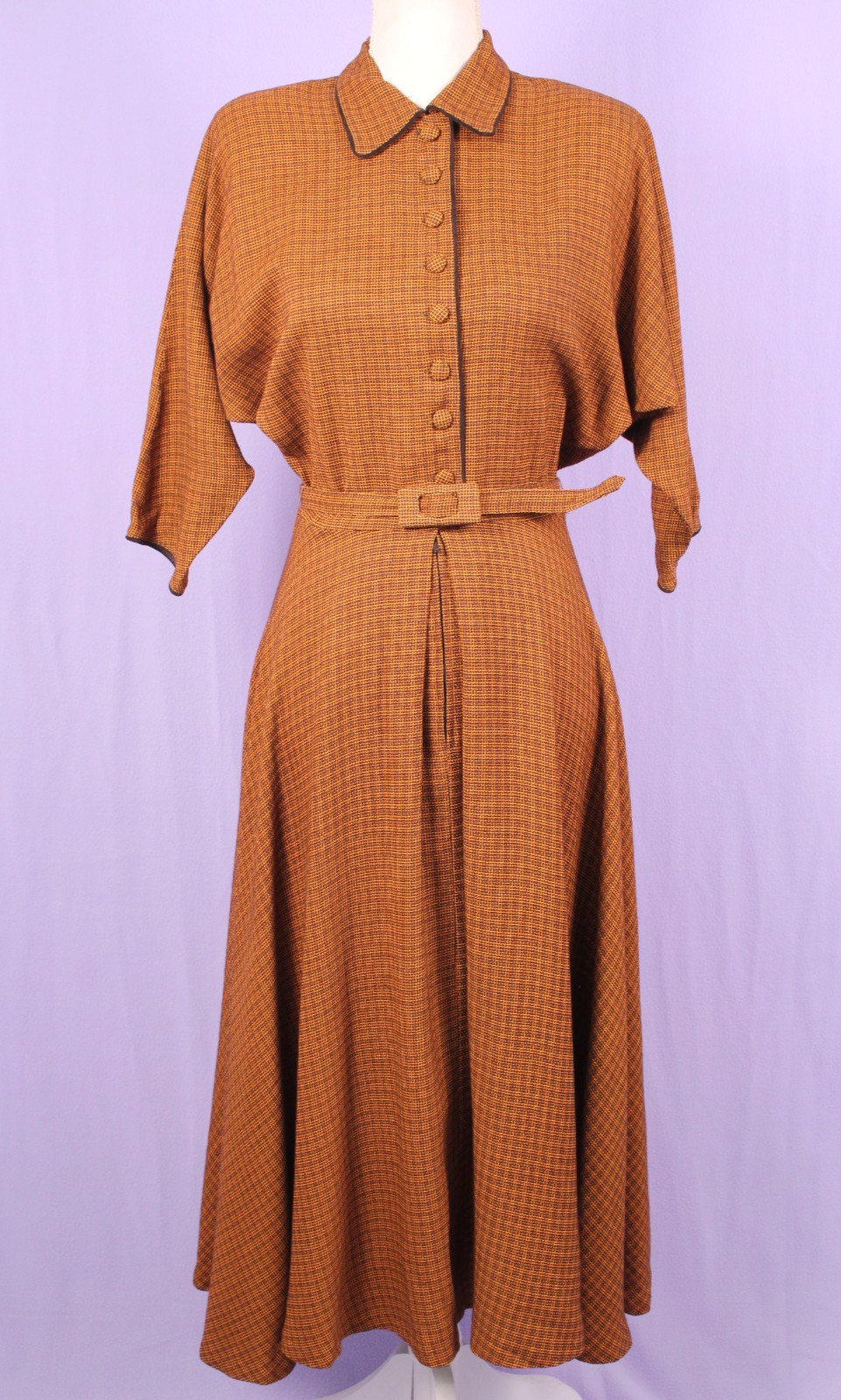 VTG Women&rsquo;s 50s Orange & Brown Plaid Look Dolman Sleeve Dress W/ Belt Sz S 1950s