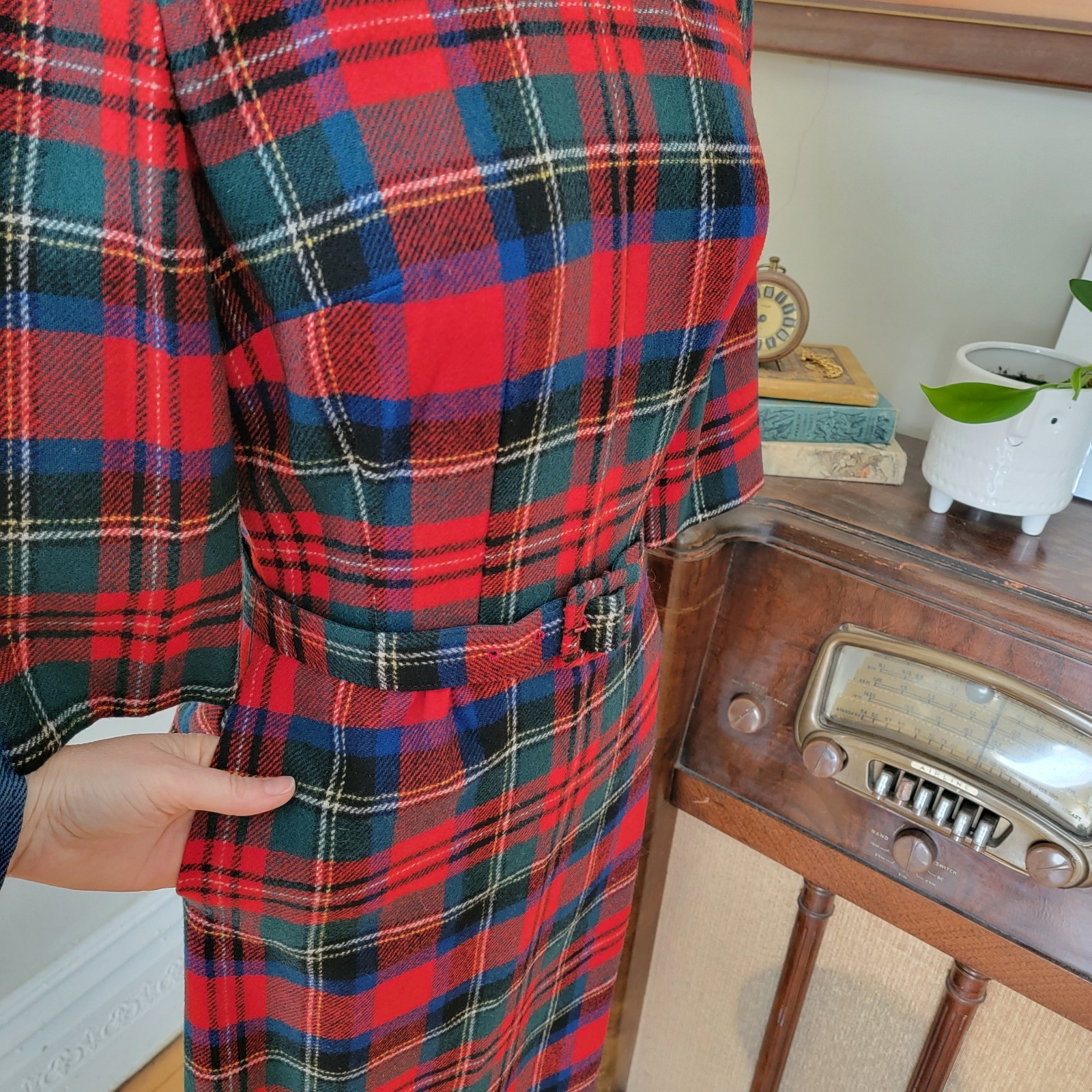 Vintage Pendleton Wool Red Plaid Wiggle Belted Dress 1950s 1960s Small USA