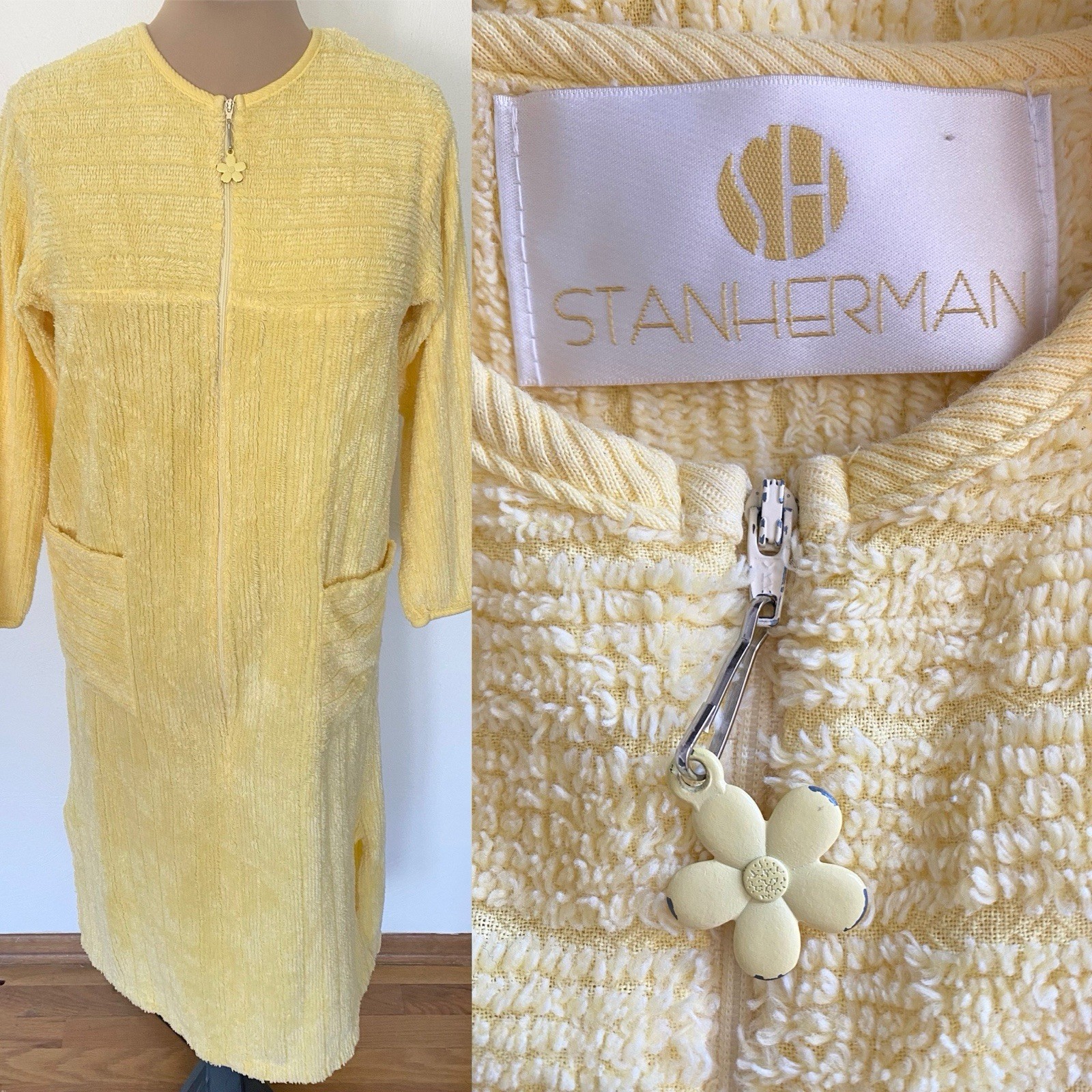 Vintage 80s Yellow Chenille Robe *Small* STAN HERMAN Yellow Terry Caftan