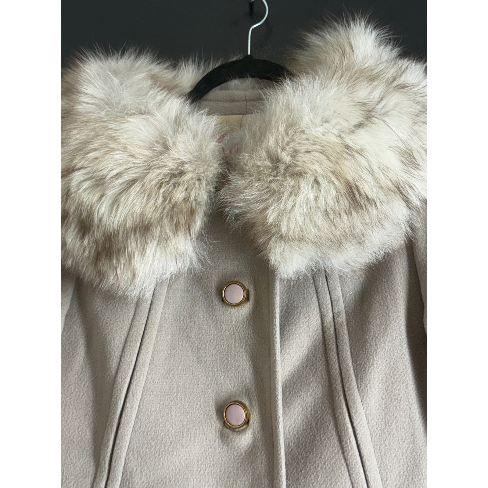 Vintage Wellesley Stevens Forstmann Wool Coat Faux Fur Collar Beige Long Jacket