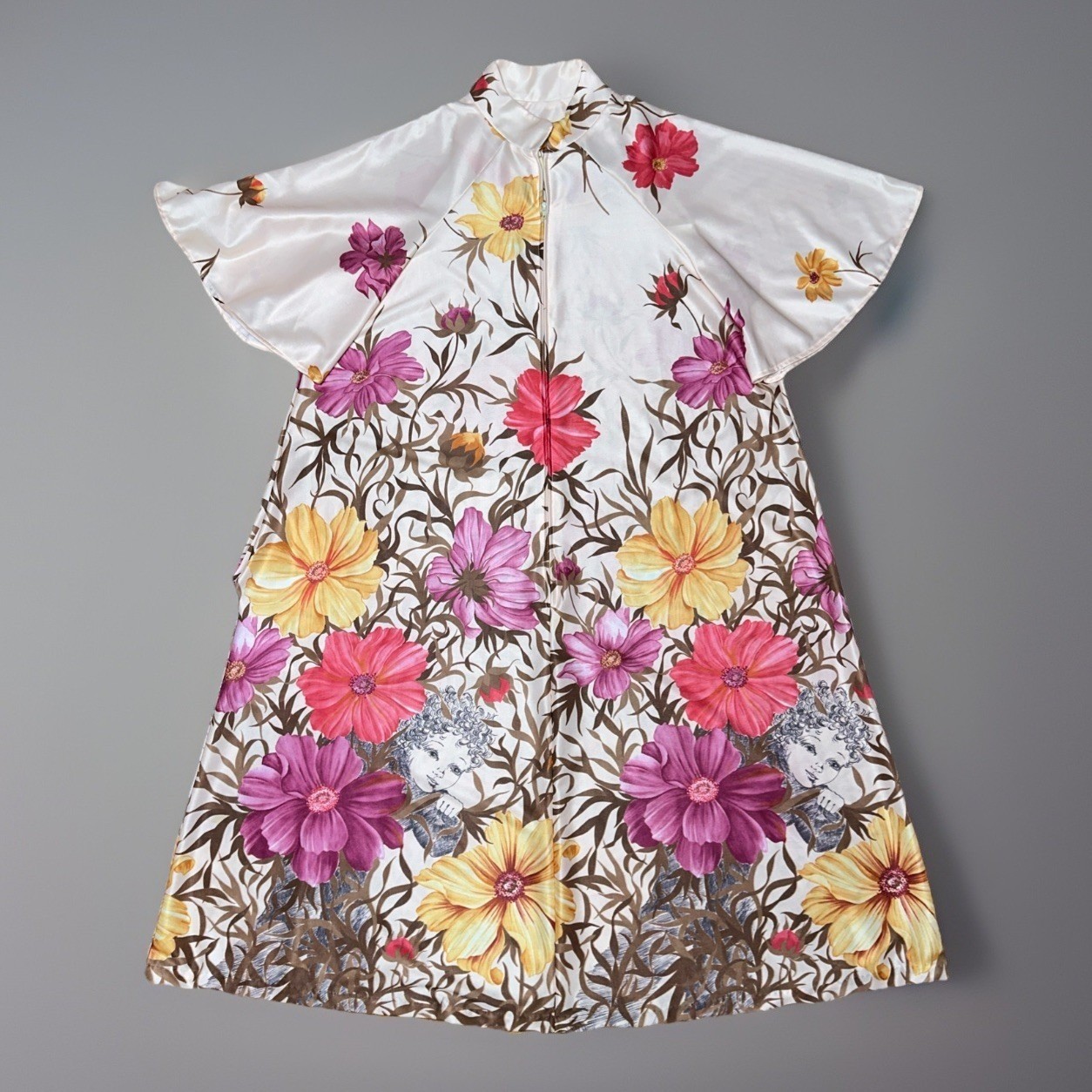 Vintage Homemade House Dress Mumu – Flutter Sleeve Floral Zip Neck – &rsquo;70s Style