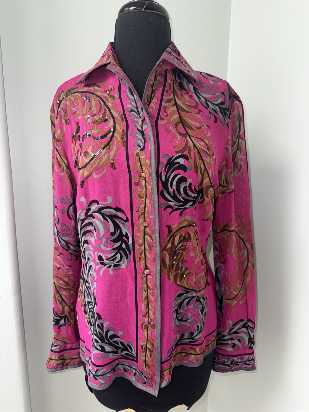 Vintage 60s EMILIO PUCCI Feather Print Silk Shirt Blouse