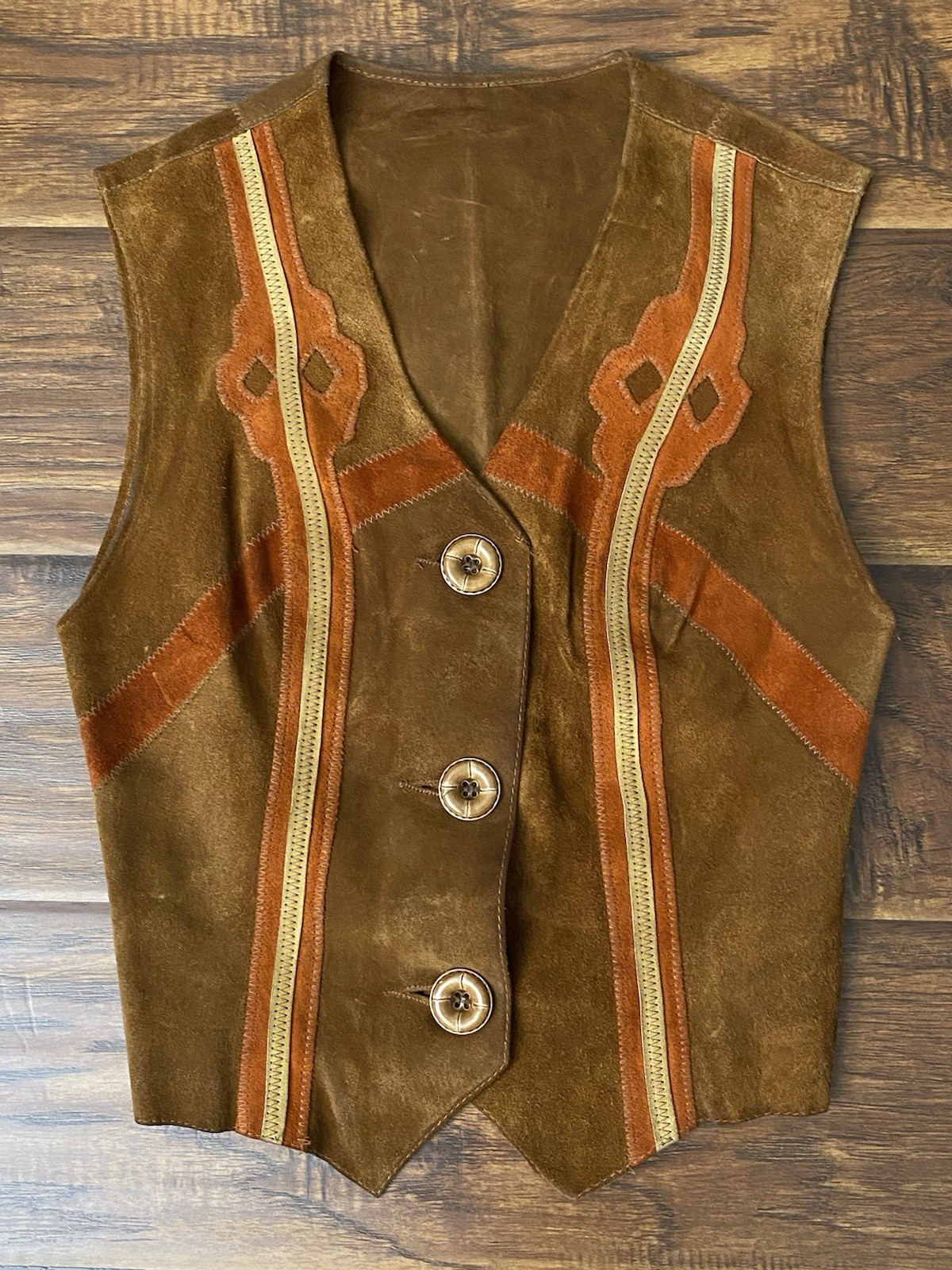 Vtg Handmade Women&rsquo;s 70s Western Boho Button Suede Leather Vest Size 7/8 (XXS)
