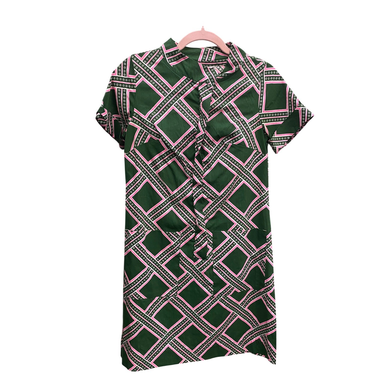 Vintage Carol Brent Green Pink Geometric Diamond Zip Front Shift Dress Mod Mini