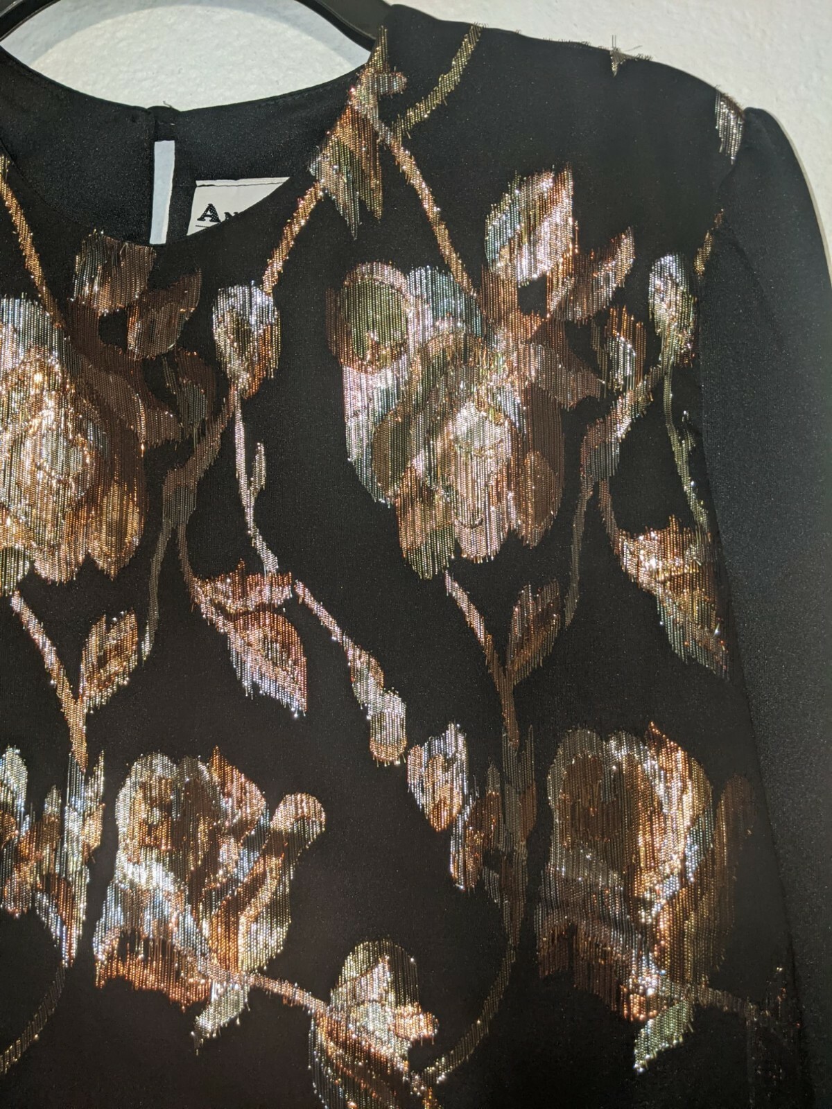 Vintage Another Thyme Black Top with Metallic Floral Motif Medium