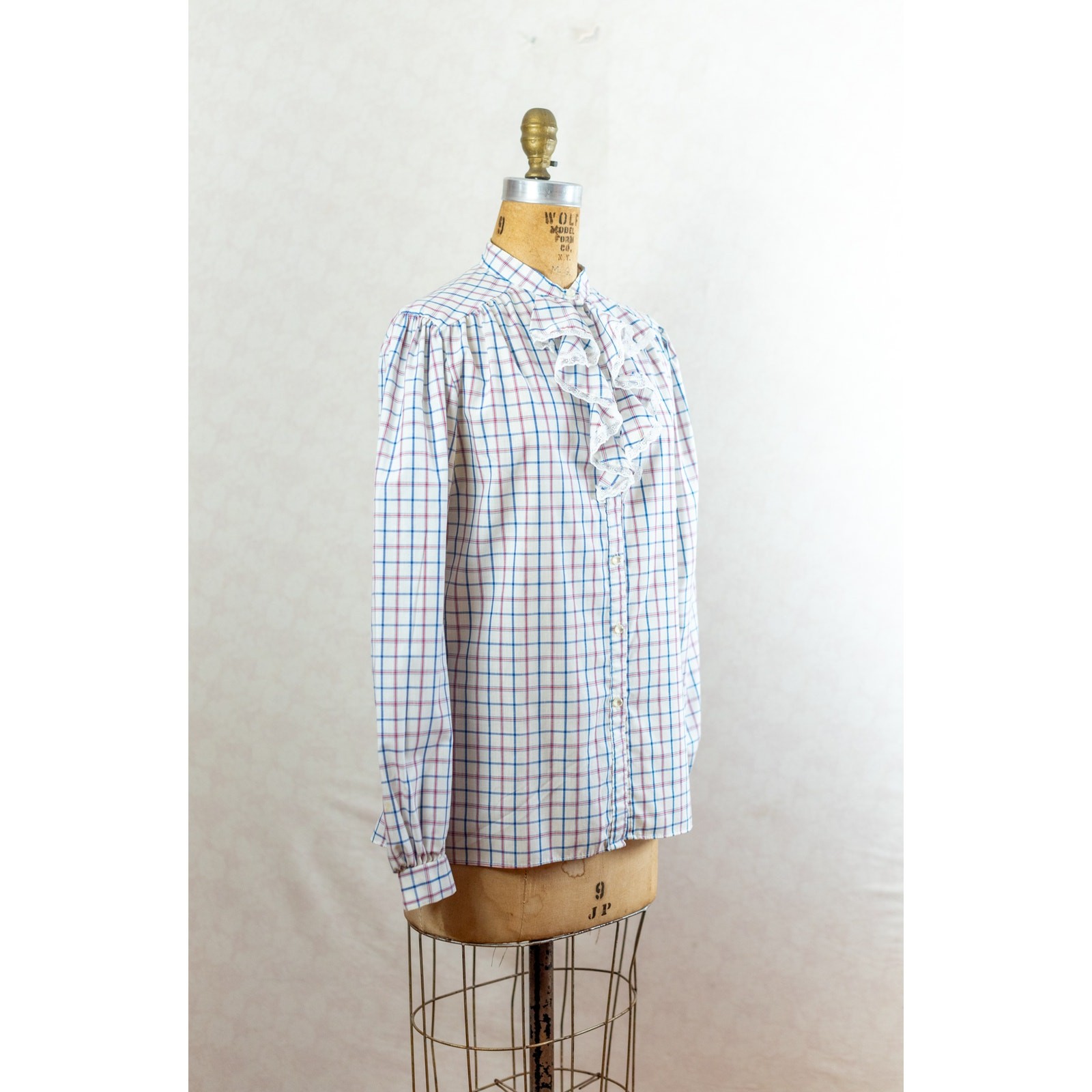 Vintage 80s Cottage Plaid Ruffled Blouse, Red White Blue, Prairie Gingham, M