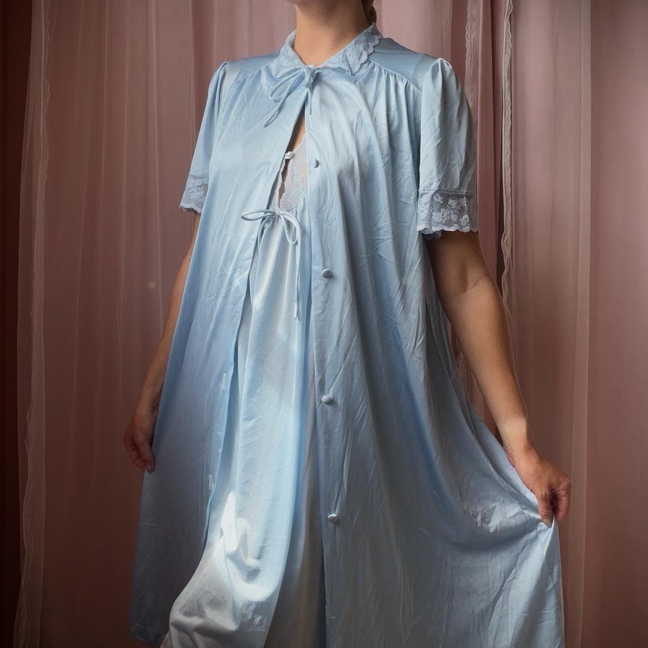 1960s powder blue satin lace boudoir robe