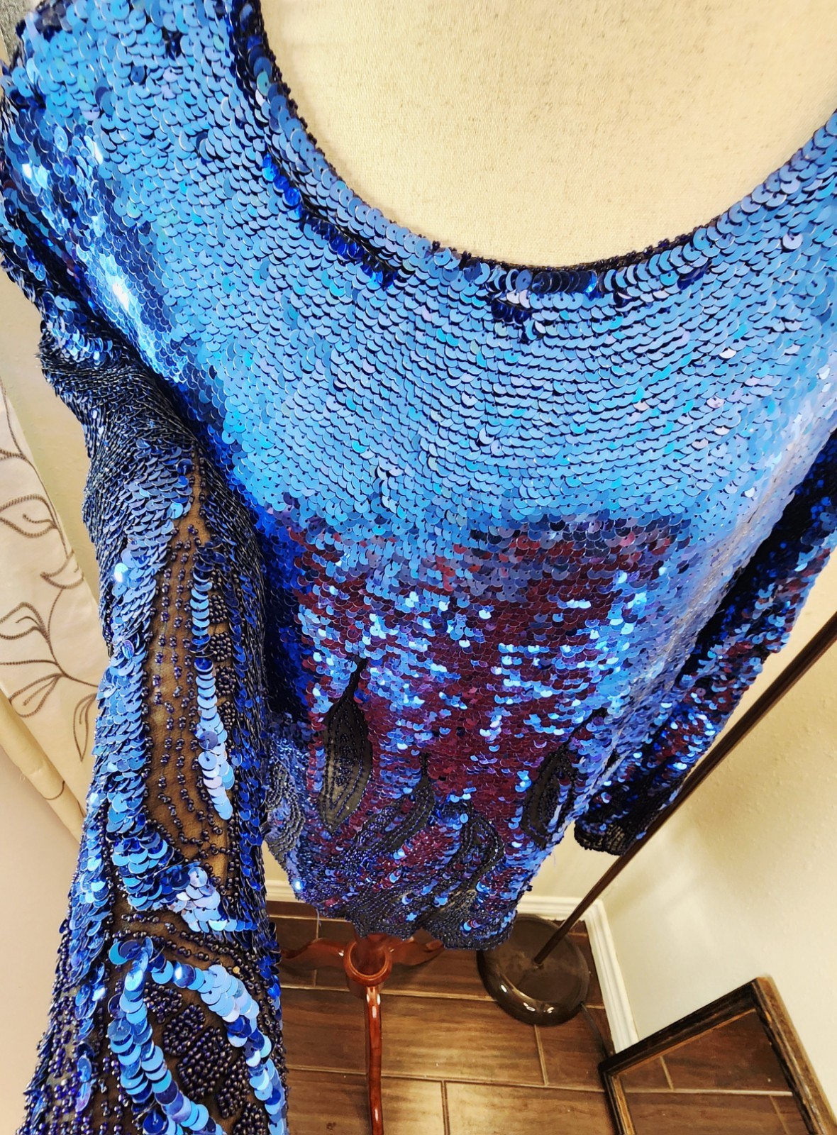 Vintage Oleg Cassini Black Tie Blue Sequin Flame Top XL Silk Beaded Trophy…
