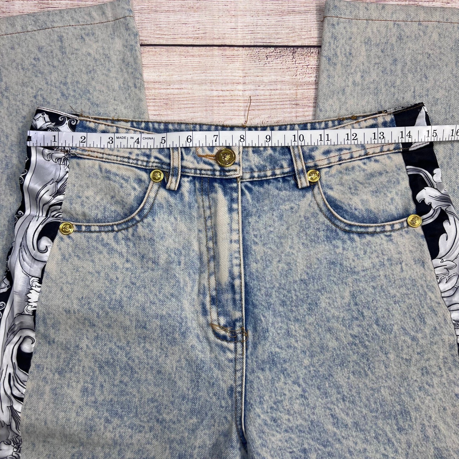 Y2K Custom Versace Vintage Inspired Denim Baroque Bandana Side Stripe Size Large