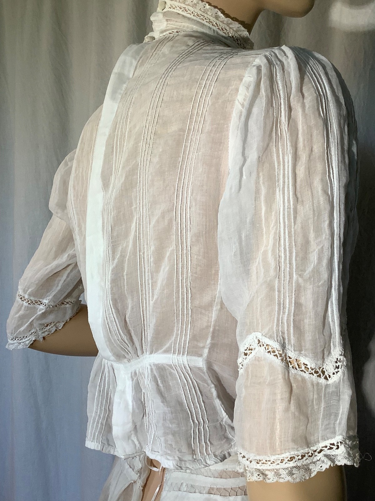 antique Edwardian blouse Top white Cotton lace M heirloom High neck 3/4 sleeve
