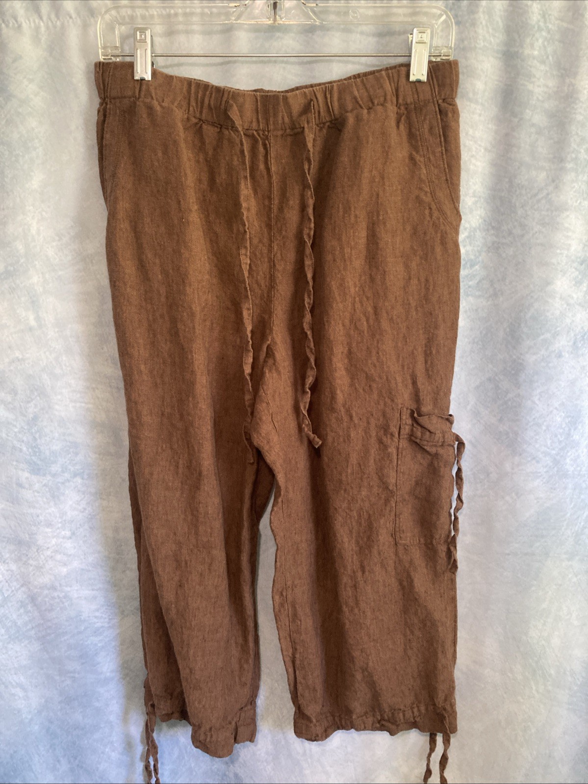 Vtg 90s Y2K Coldwater Creek 100% Linen Cropped Cargo Pants Brown 10 Drawstring