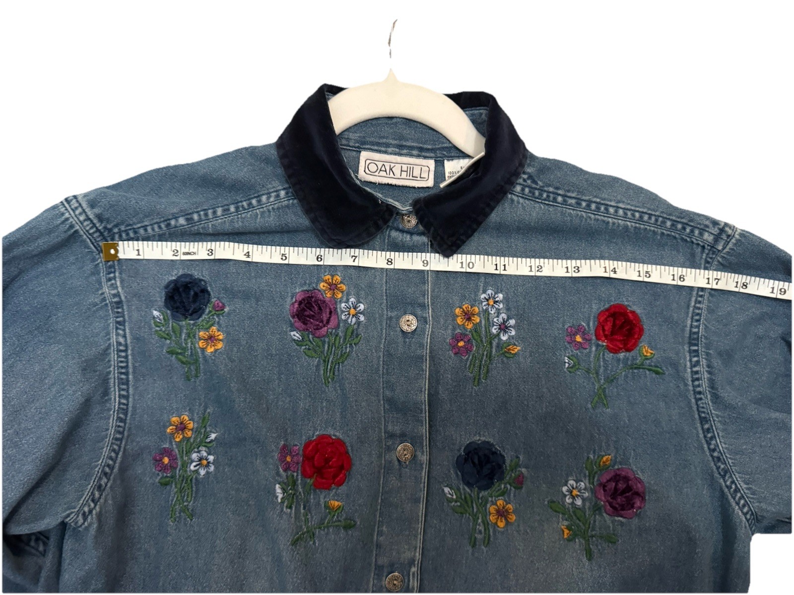 Vintage Oak Hill Denim Button-Down whimsical with Embroidered fairy print – Blue