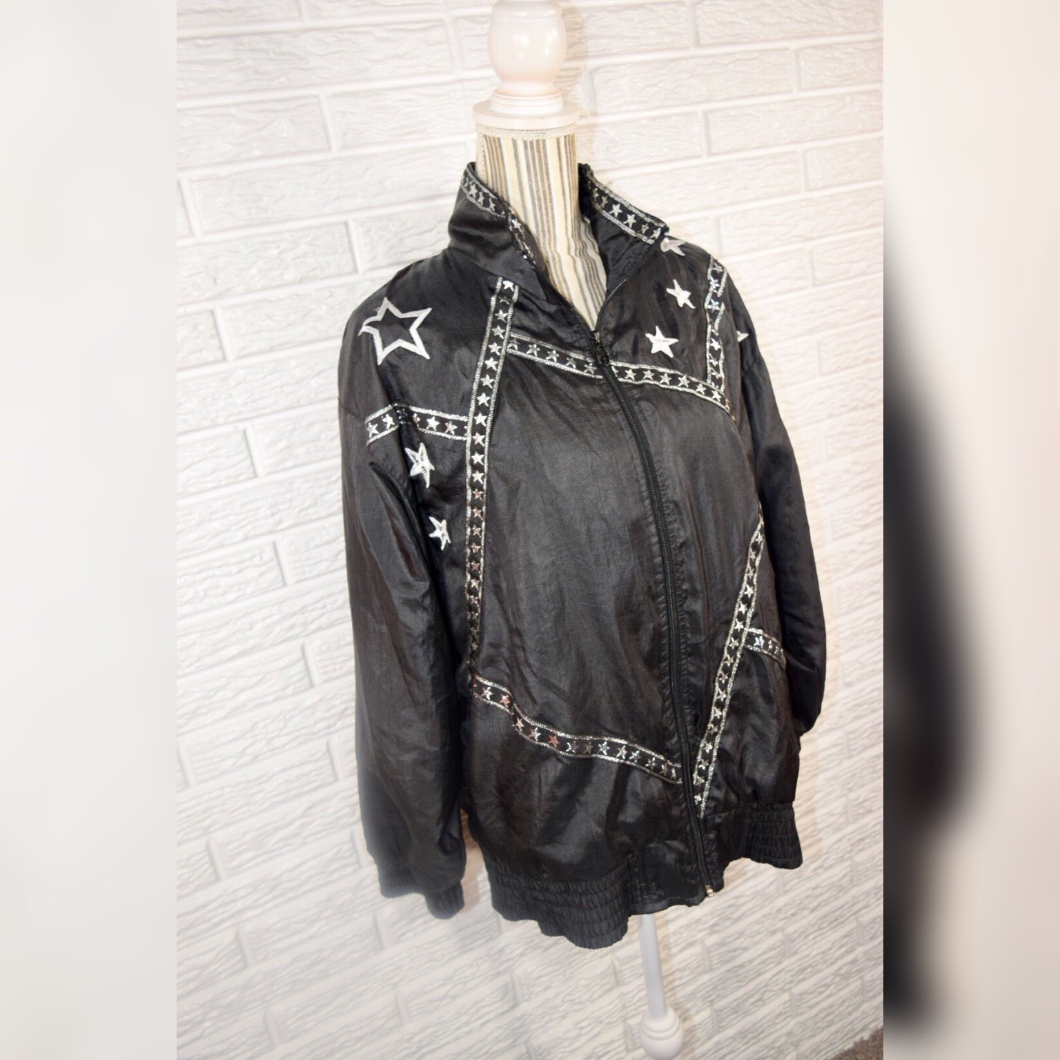 Vintage Lavon By Cheerful Corp Lightweight Black Jacket Silver Star Pattern Sz M