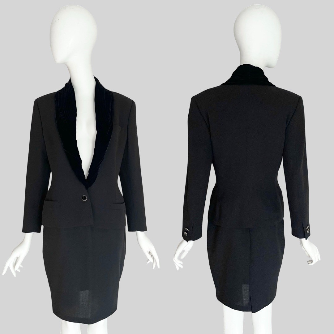 Vintage 1980s Gianni Versace Black Wool Velvet Twist Trim Skirt Suit Set Jacket