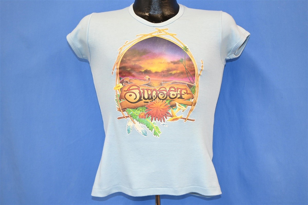 vtg 70s SUNSET ROACH IRON-ON PALM TREES BEACH FLORAL BLUE WOMEN&rsquo;S t-shirt XS
