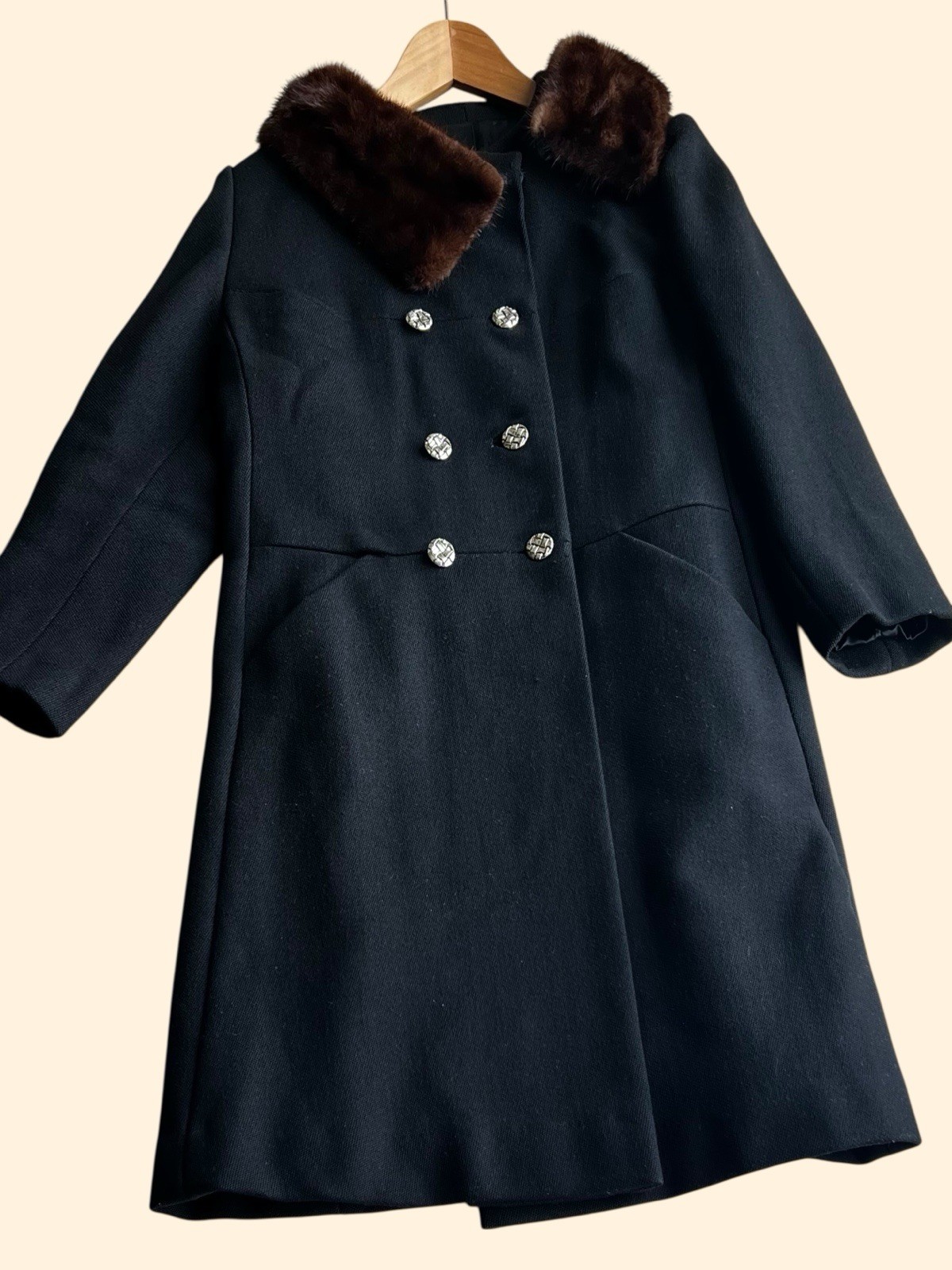 VTG Black Wool Coat w/ Mink Collar Double Breasted Tailored Boutique Coat S/M