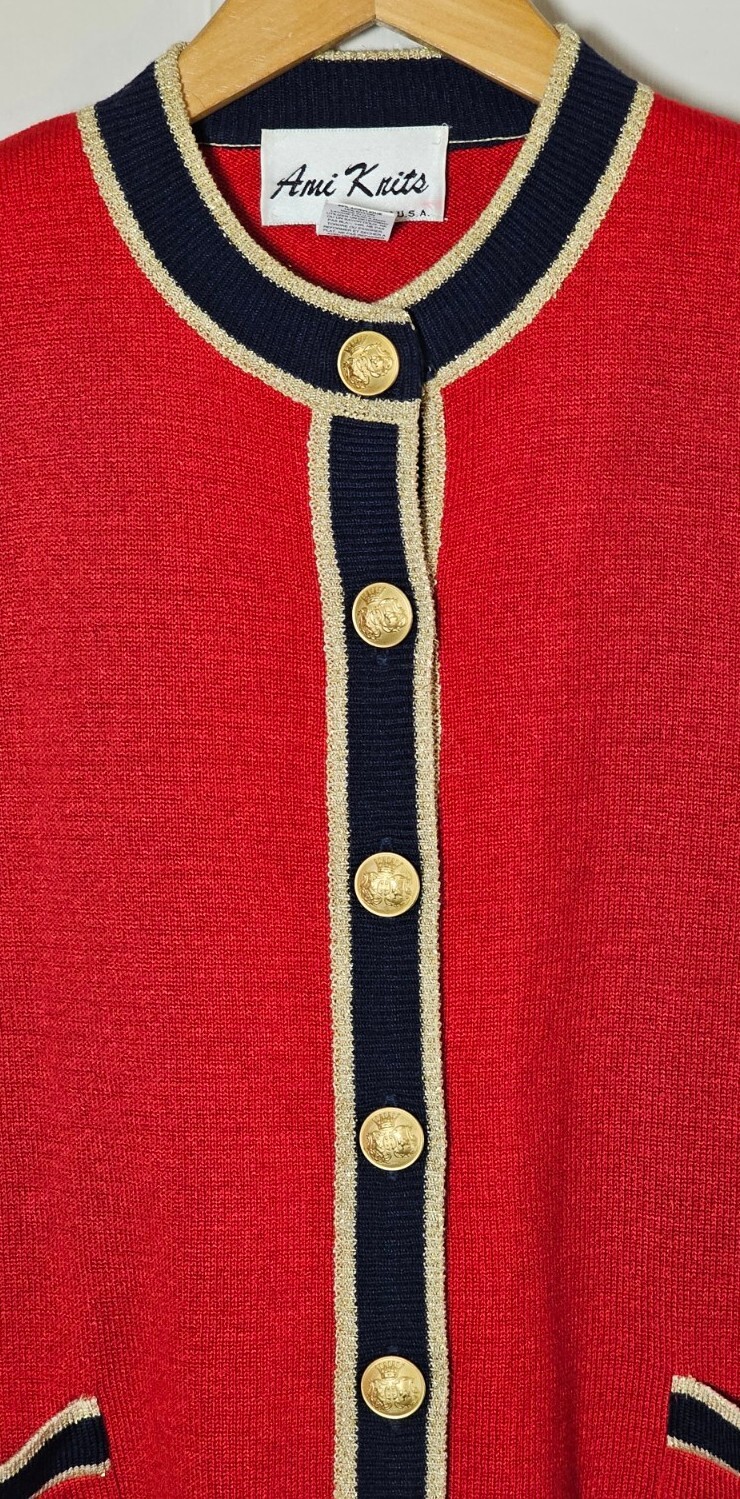 VTG Sweater Blazer Ami Knits Size 6 Red Gold Button X-mas Glam Mob Wife Holiday
