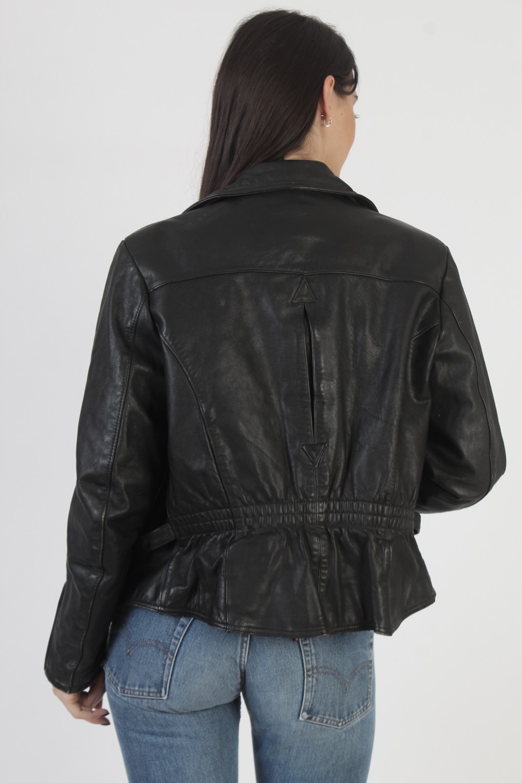 Vtg Womens Black Leather Motorcycle Jacket Belted Asym Zip Biker Moto Waist Coat